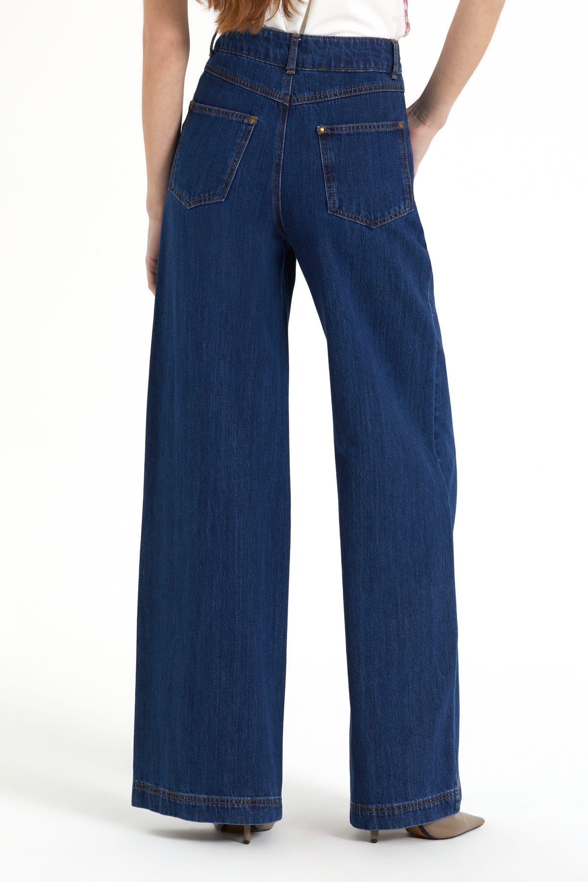 Rivet Detaylı Kontrast Dikişli Geniş Paça Jean Pantolon