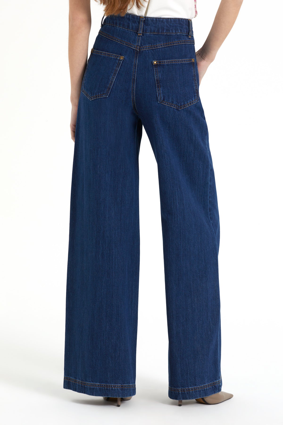 Rivet Detaylı Kontrast Dikişli Geniş Paça Jean Pantolon