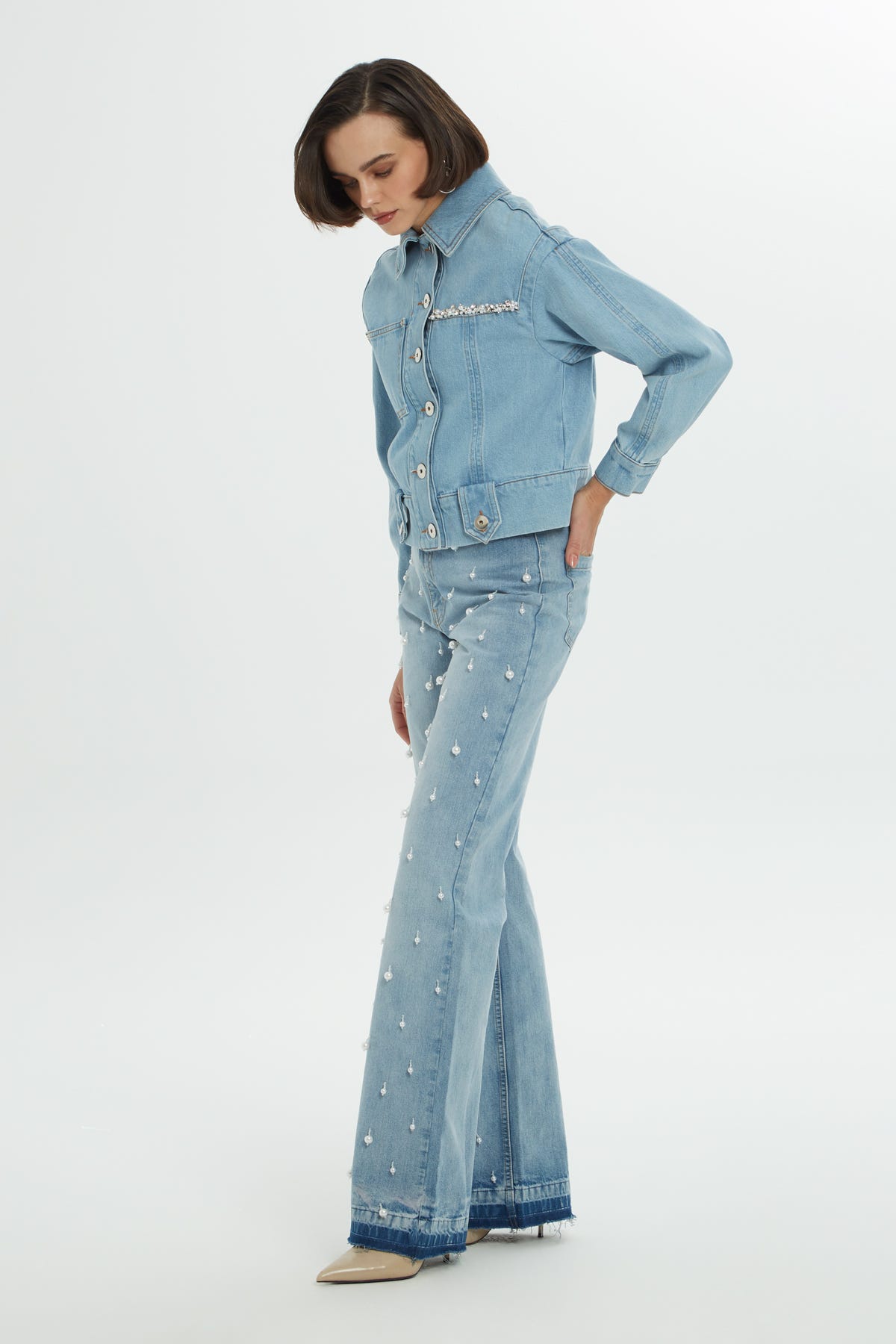 Pencere Detaylı Taşlı Denim Ceket