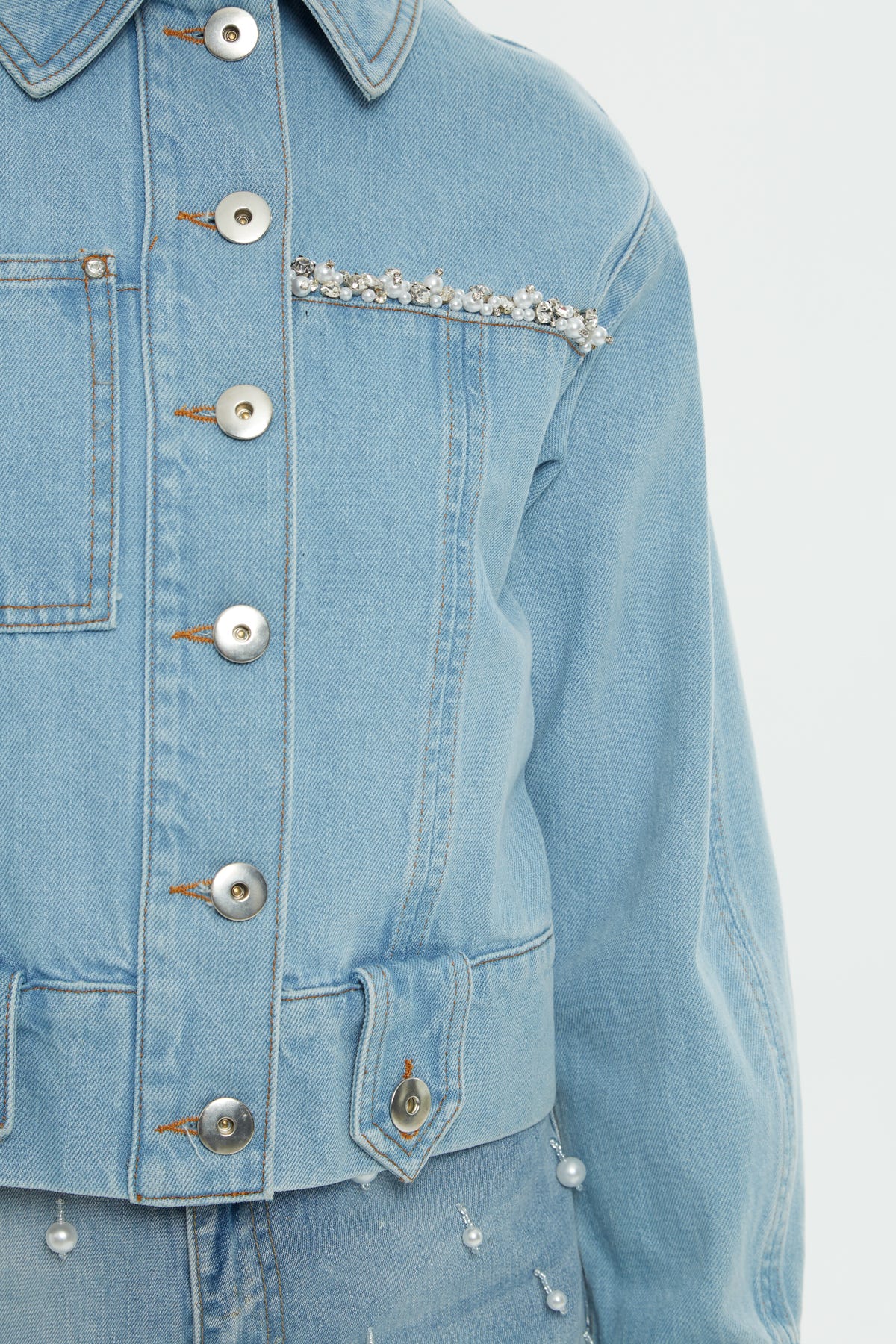 Pencere Detaylı Taşlı Denim Ceket