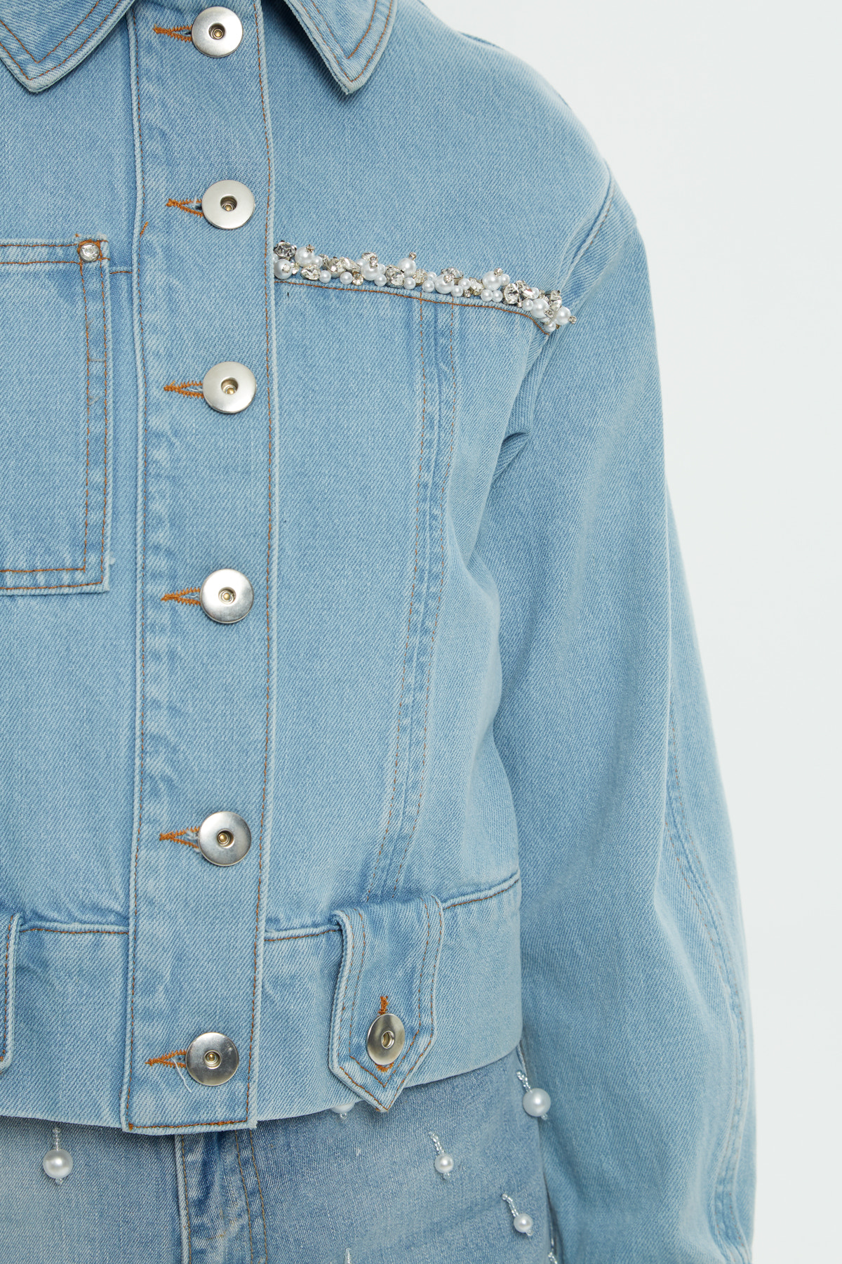 Pencere Detaylı Taşlı Denim Ceket