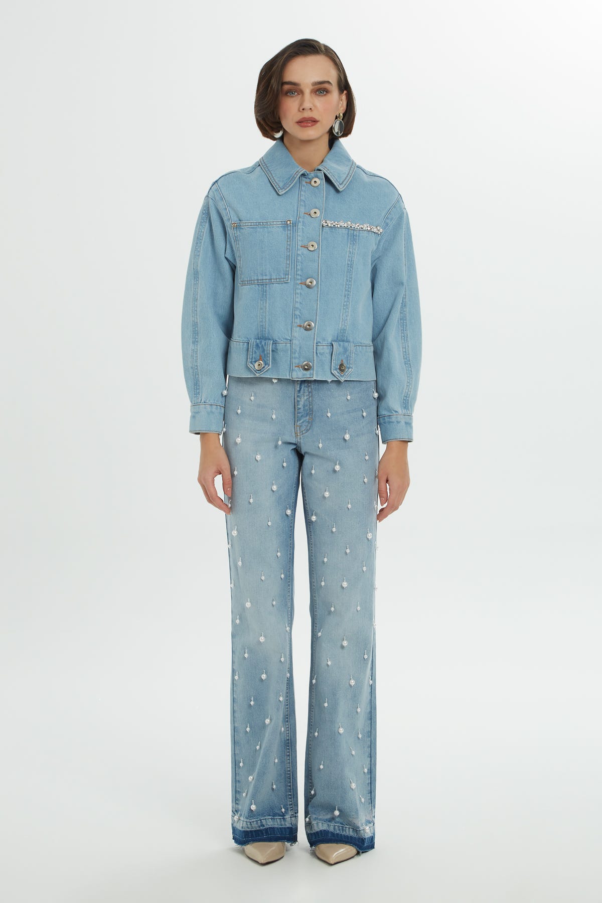 Pencere Detaylı Taşlı Denim Ceket