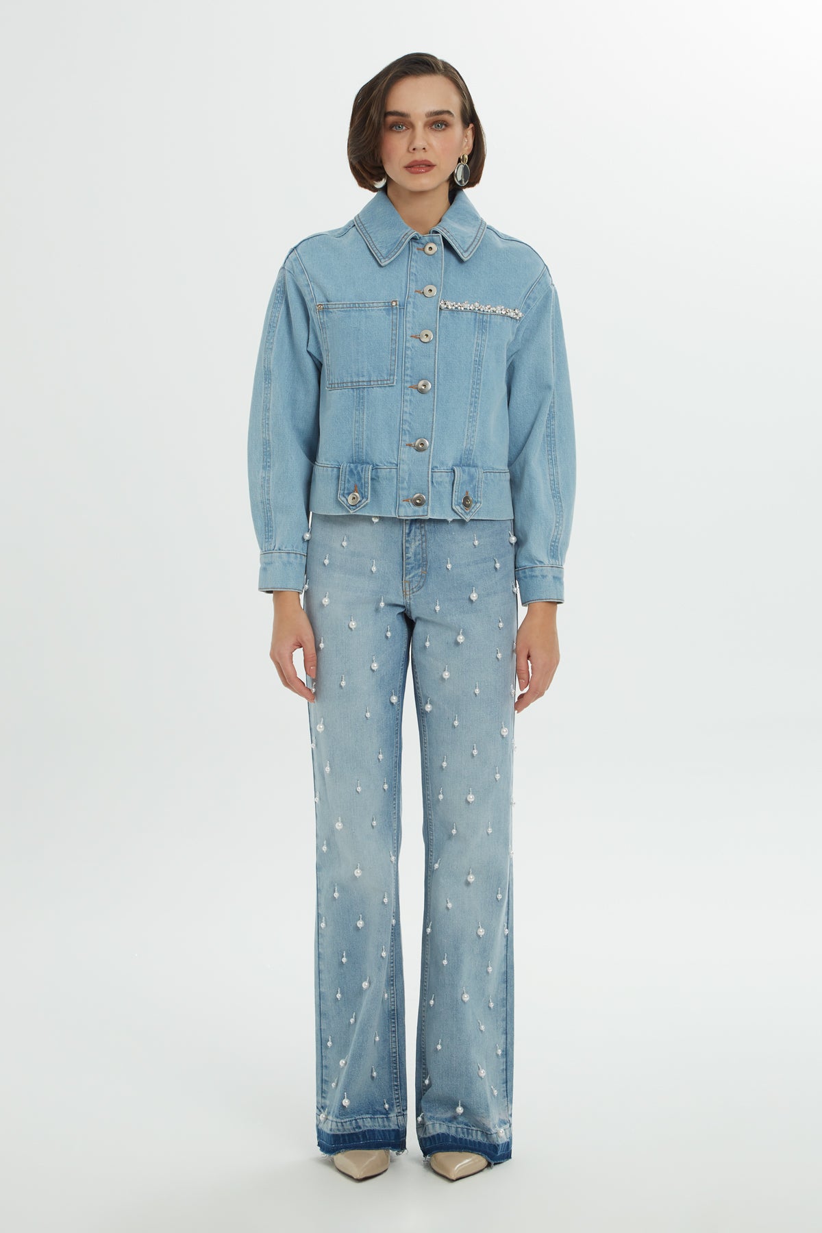 Pencere Detaylı Taşlı Denim Ceket