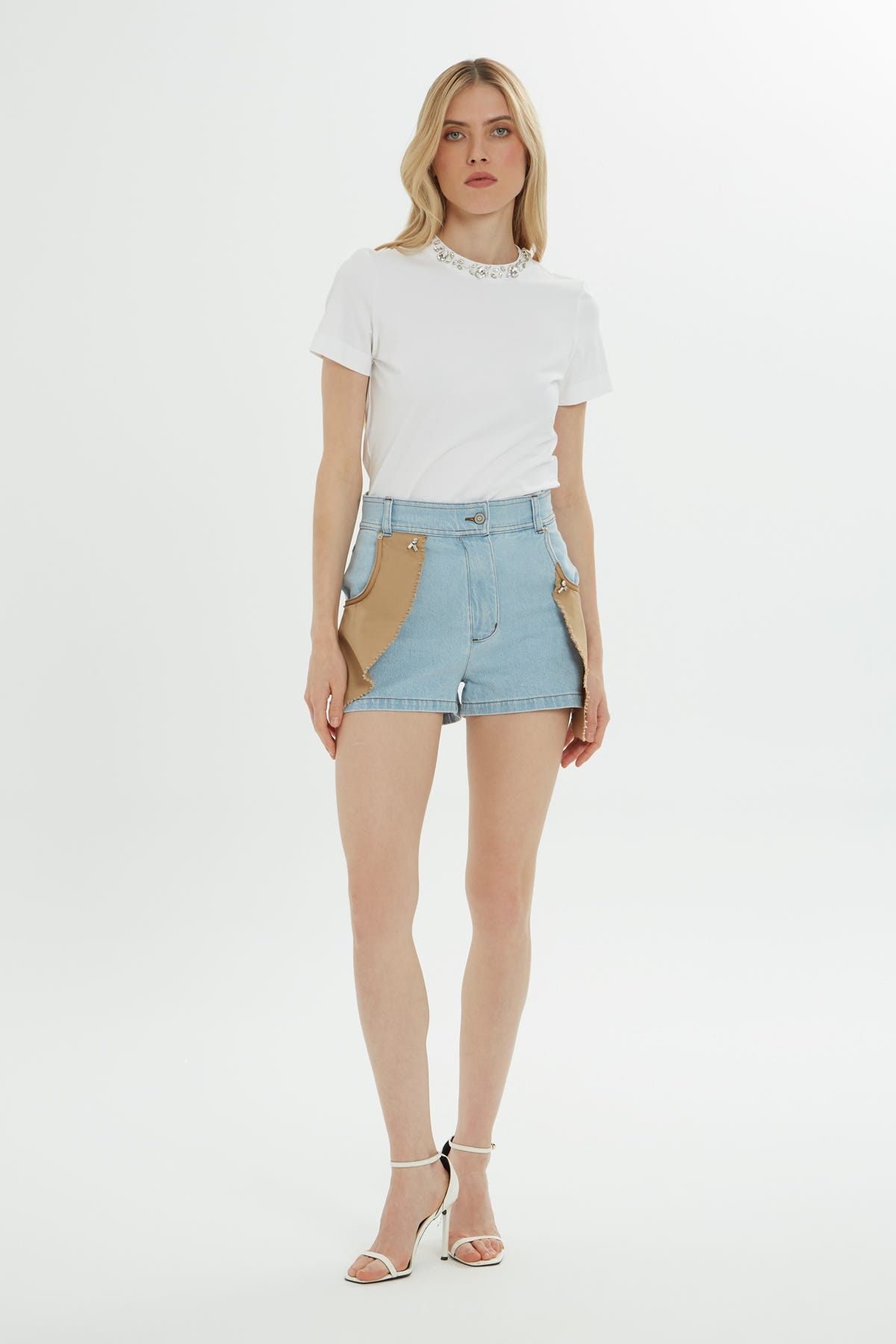 Çift Renkli Mini Denim Şort