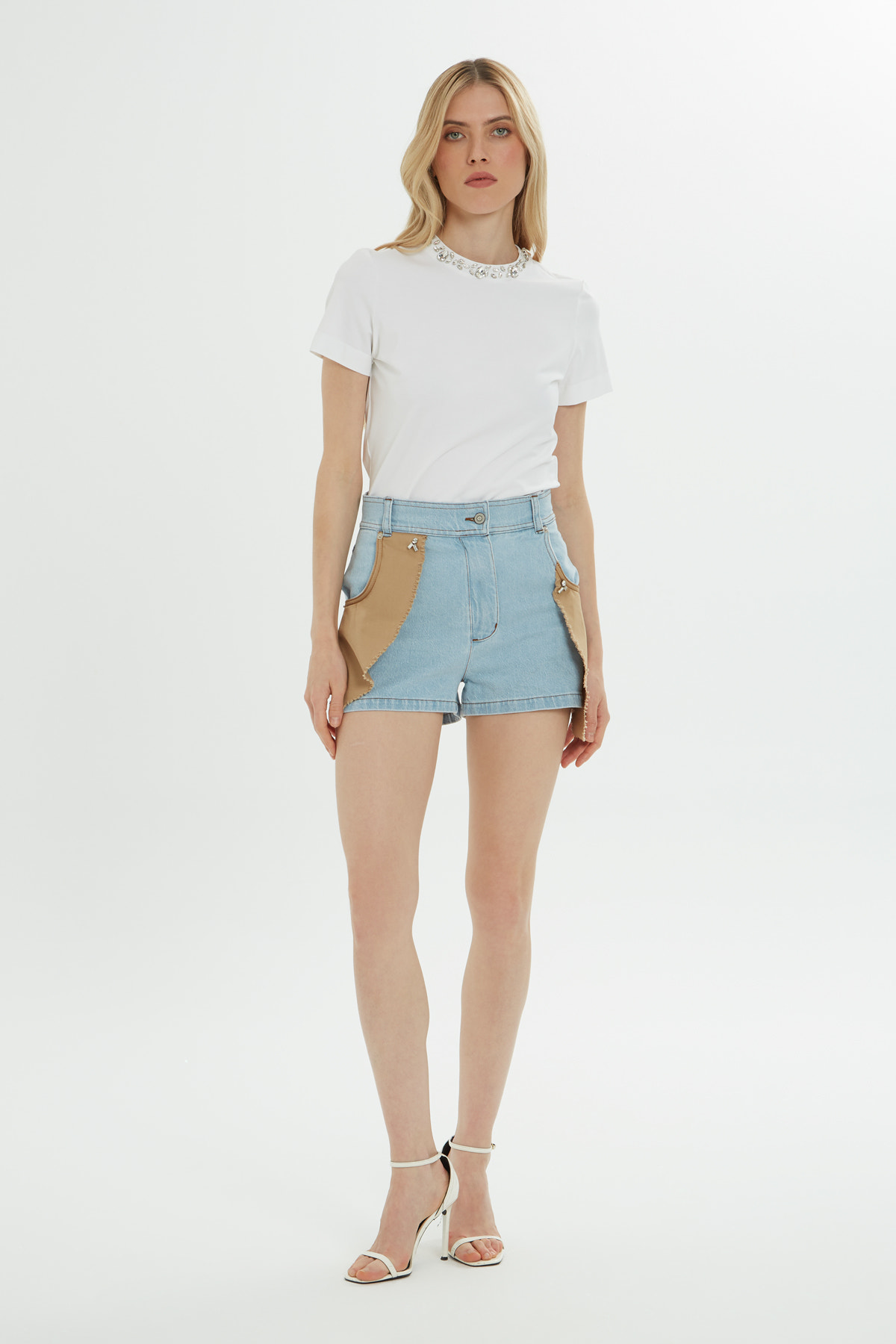 Çift Renkli Mini Denim Şort
