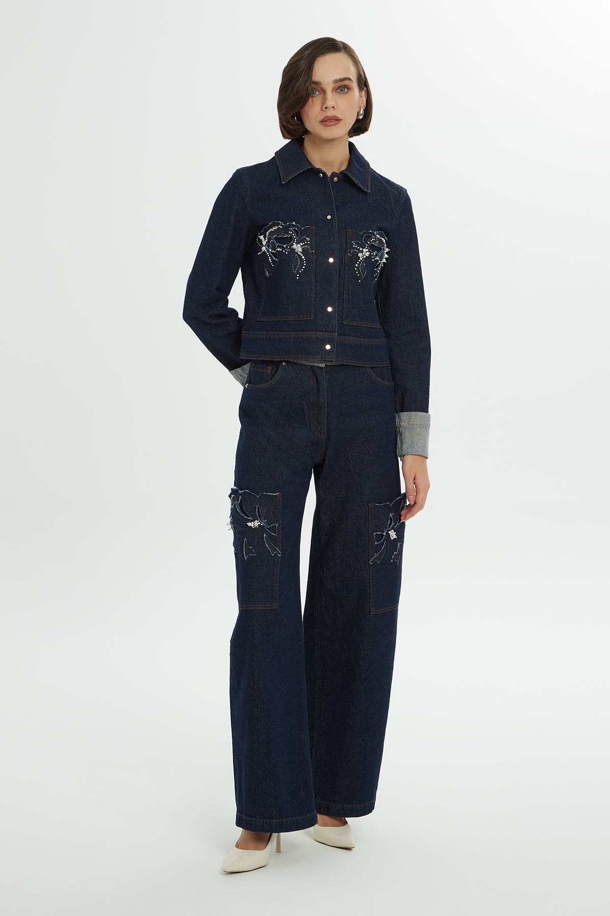 İncili İşlemeli Denim Ceket