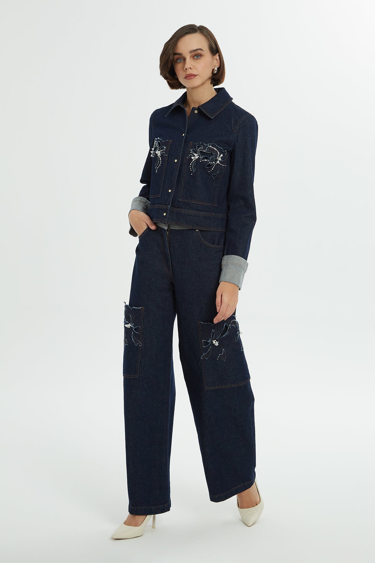 İncili İşlemeli Denim Ceket