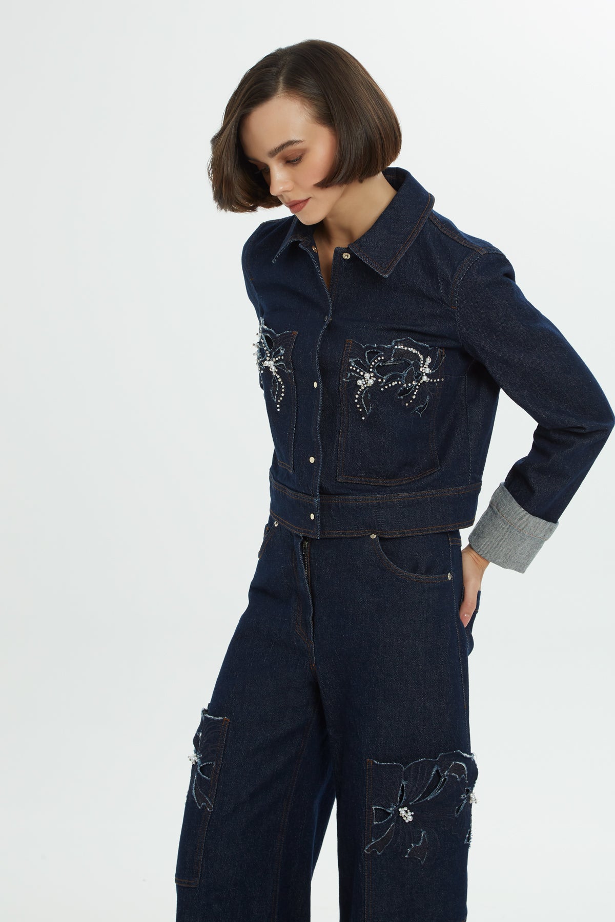 İncili İşlemeli Denim Ceket