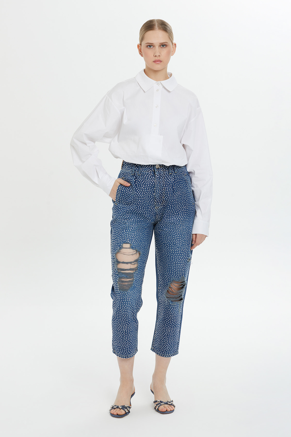 Beli Lastikli Eskitme Efektli Jagron Detaylı Mom Jean