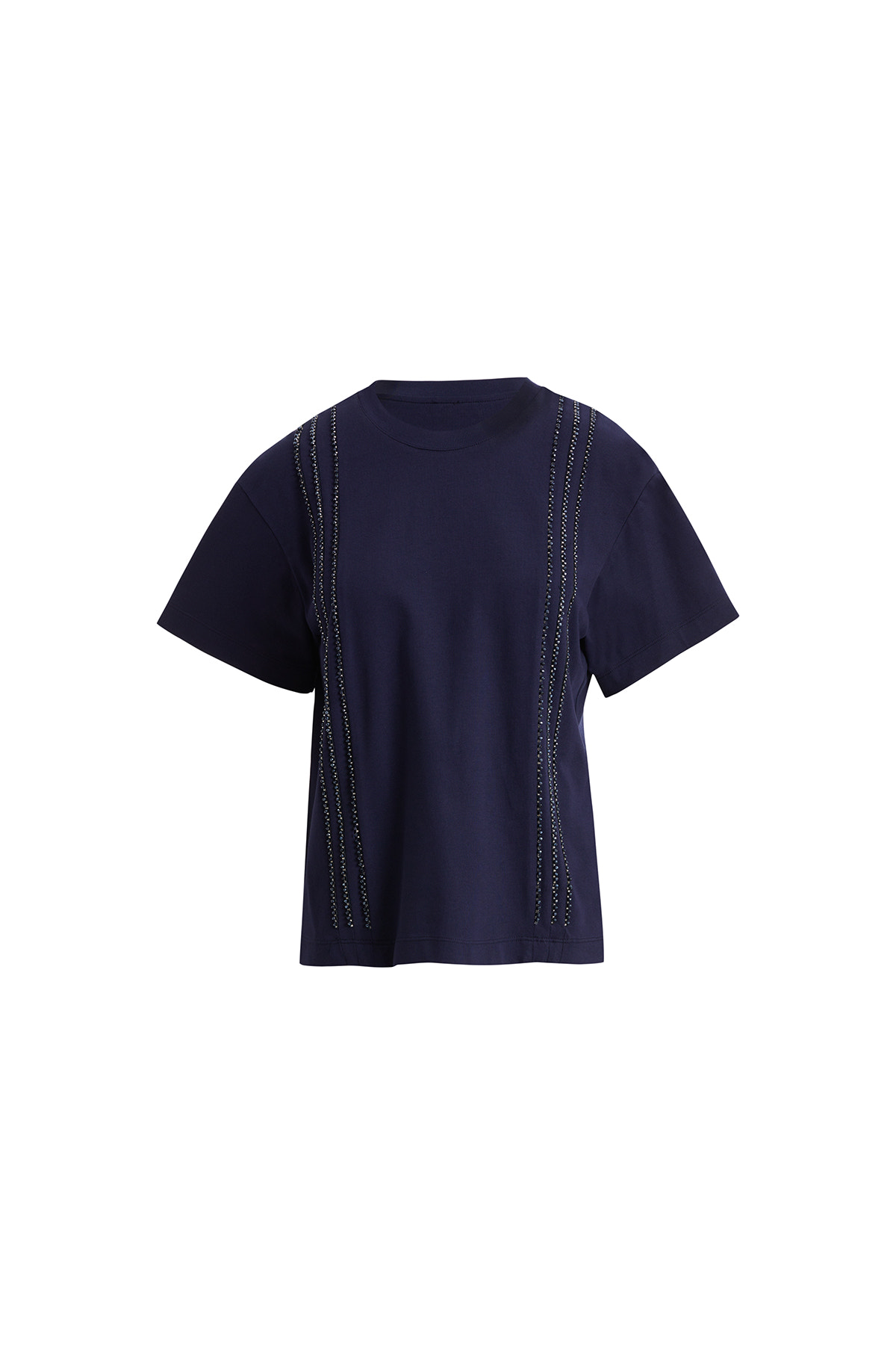 Ön Şerit Aksesuarlı Kısakollu Lacivert T-shirt