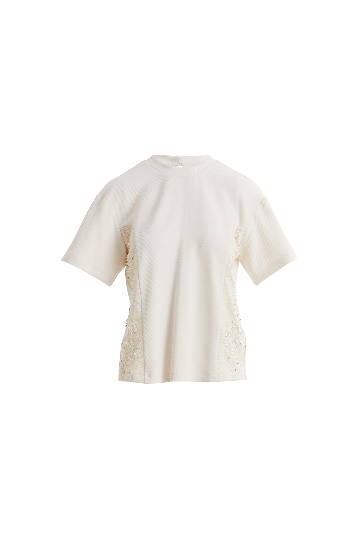 Yanları Dantelli Ve Boncuklu Kısa Kollu Ekru T-shirt
