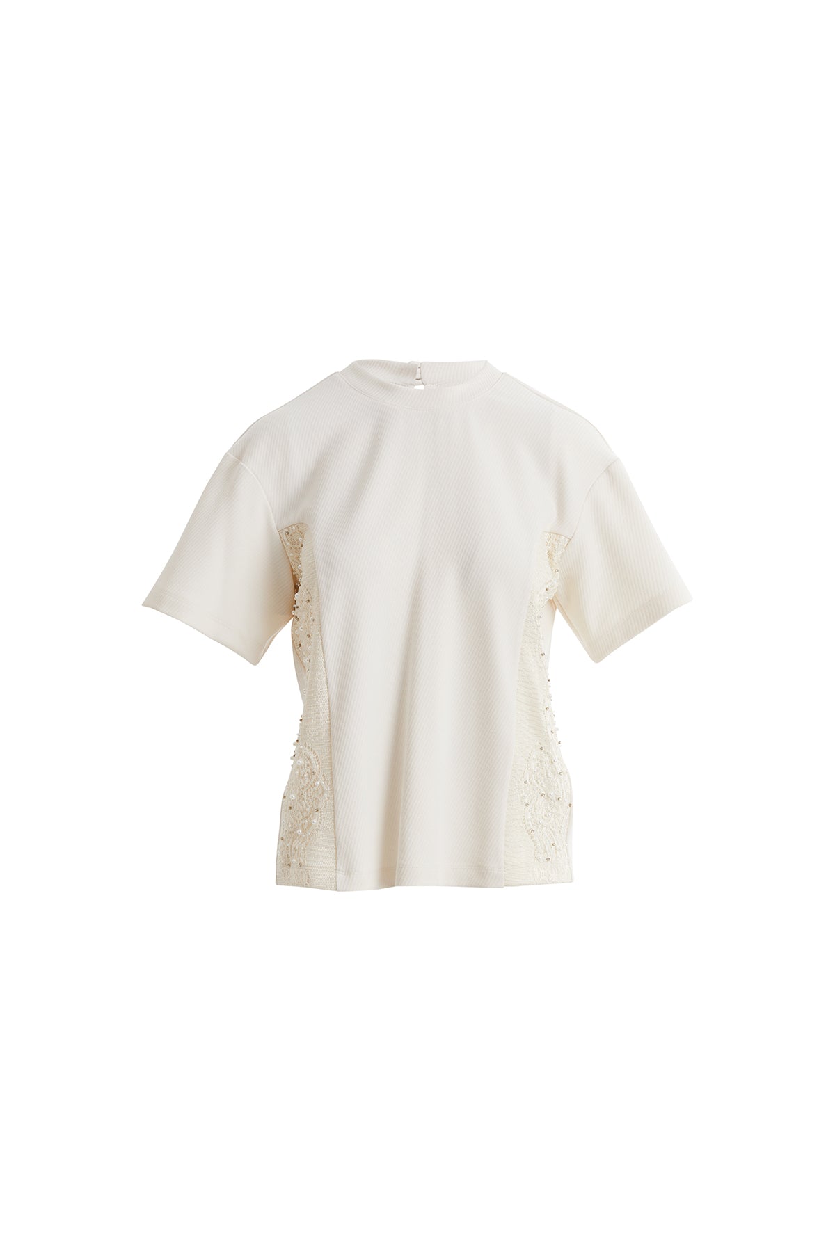 Yanları Dantelli Ve Boncuklu Kısa Kollu Ekru T-shirt