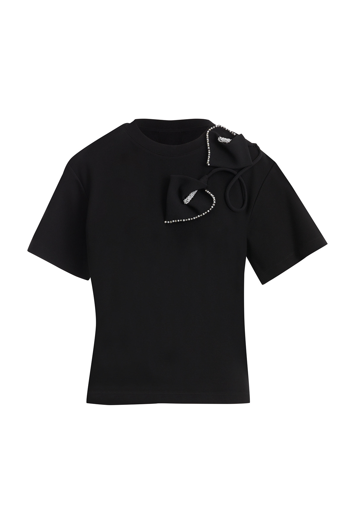 Omuz Aplike Detaylı Siyah T-Shirt