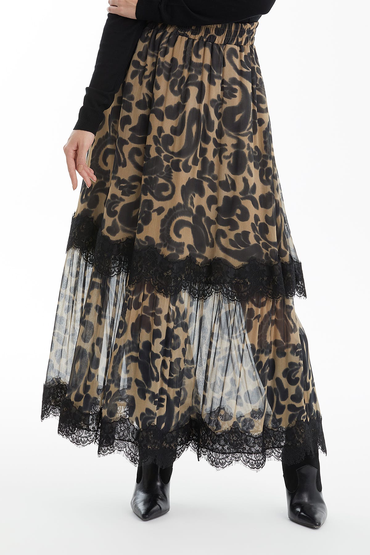Leopar Desenli Dantel Detaylı Etek