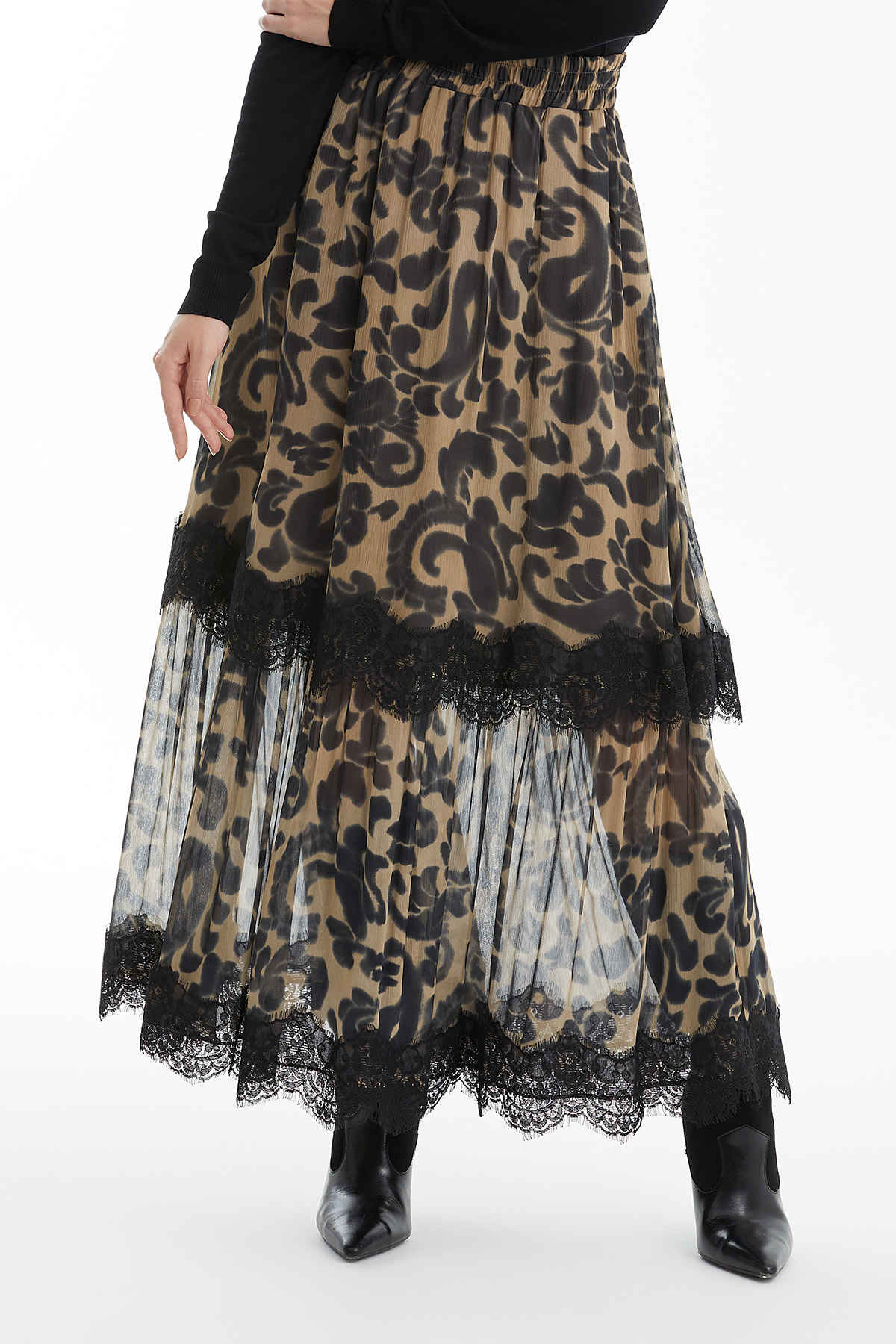 Leopar Desenli Dantel Detaylı Etek