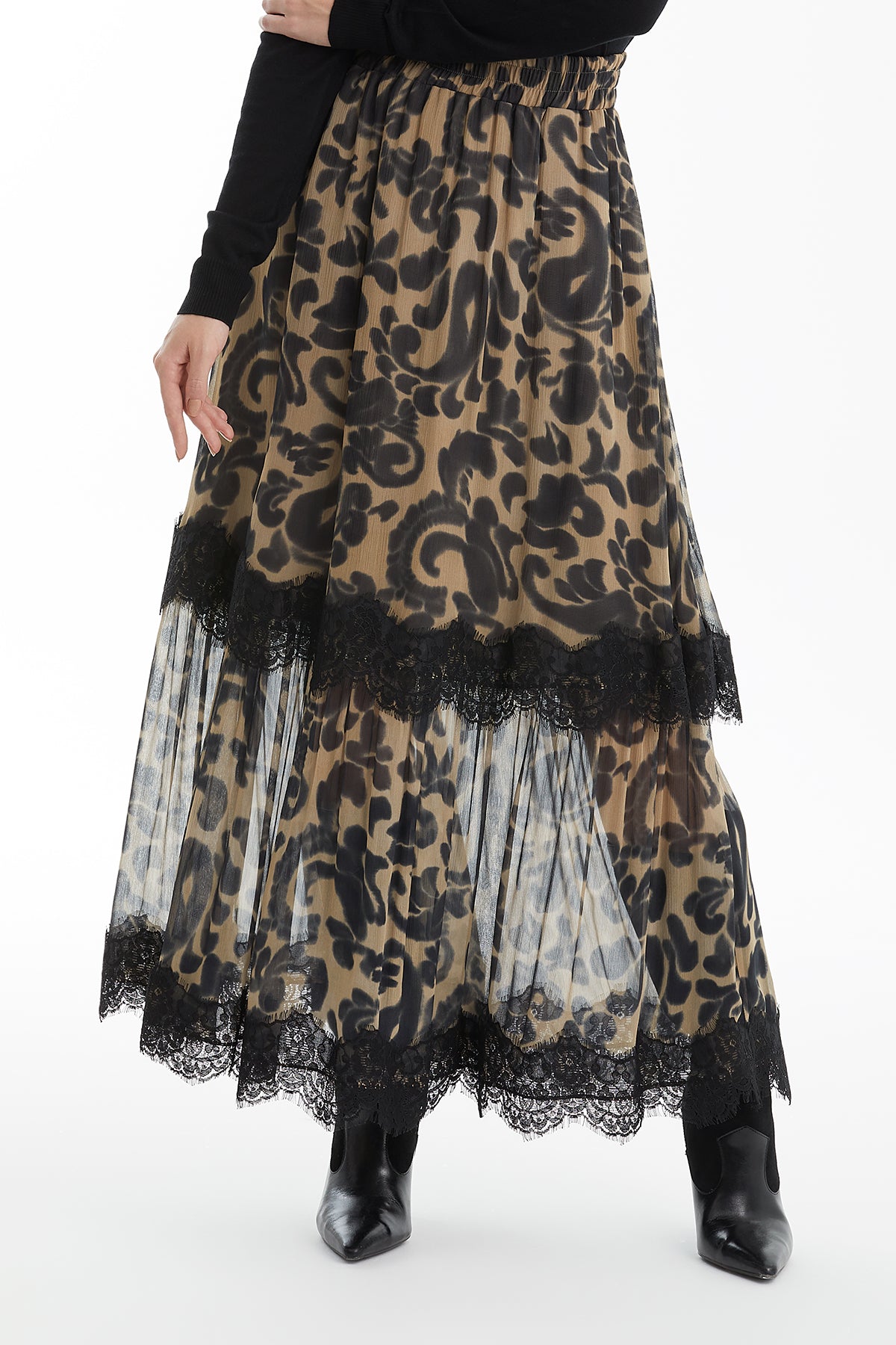 Leopar Desenli Dantel Detaylı Etek