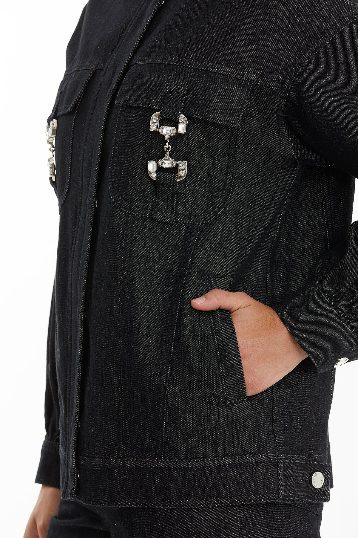 Taşlı Metal Aksesuarlı Siyah Denim Ceket