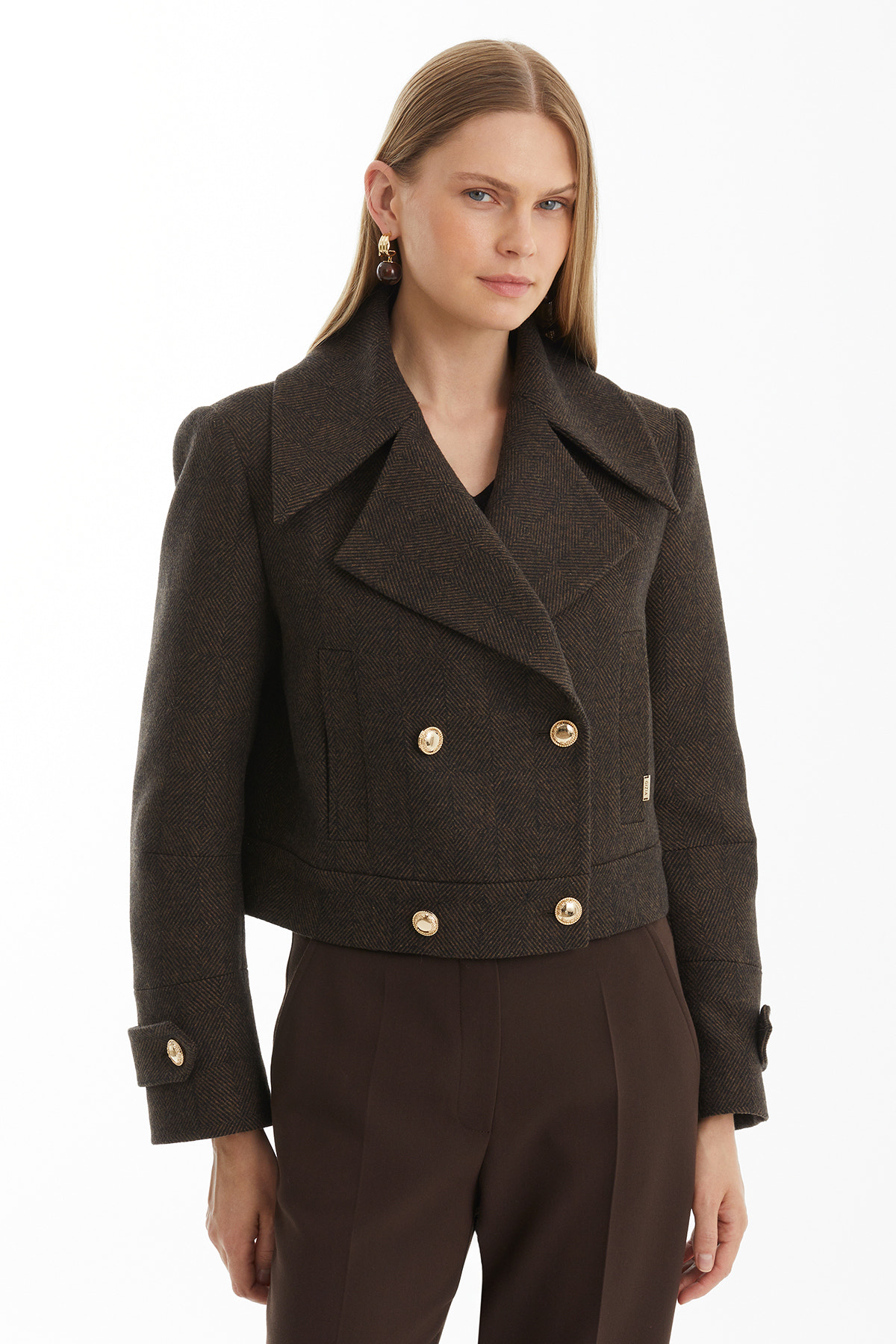 Metal Logolu Yün Karışımlı Kahverengi Kısa Kaban