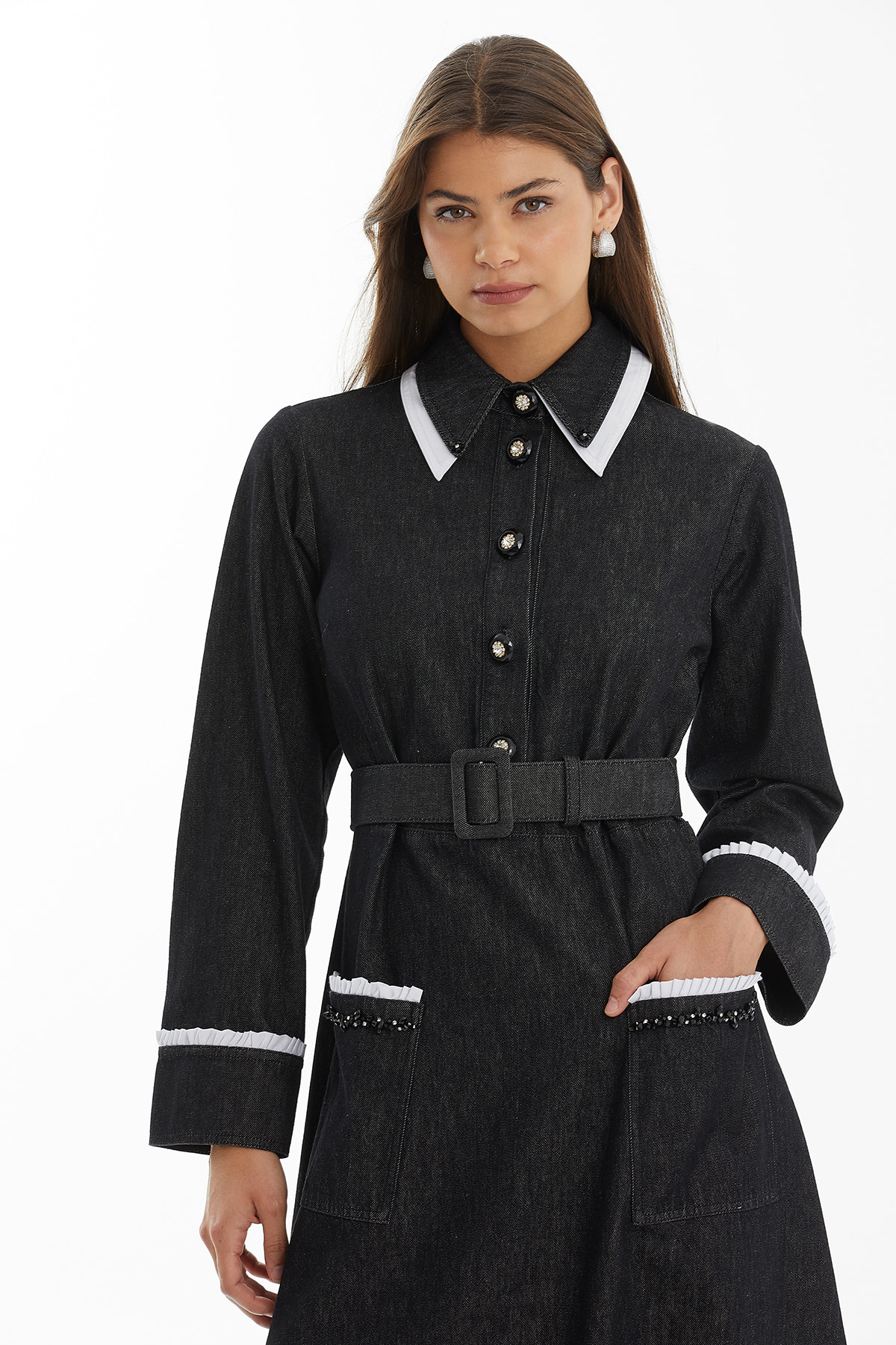 Poplin Siyah Denim Kontrastlı Elbise