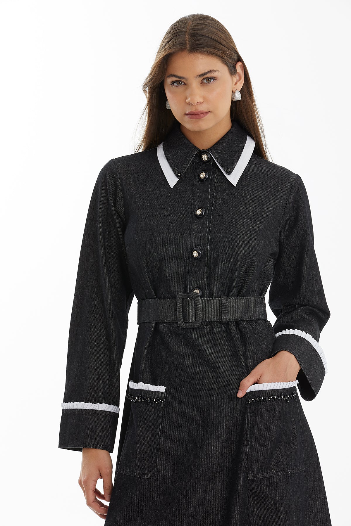 Poplin Siyah Denim Kontrastlı Elbise