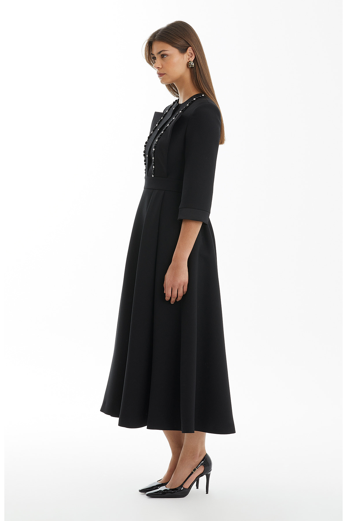 Ceket Görünümlü Taşlı Siyah Elbise