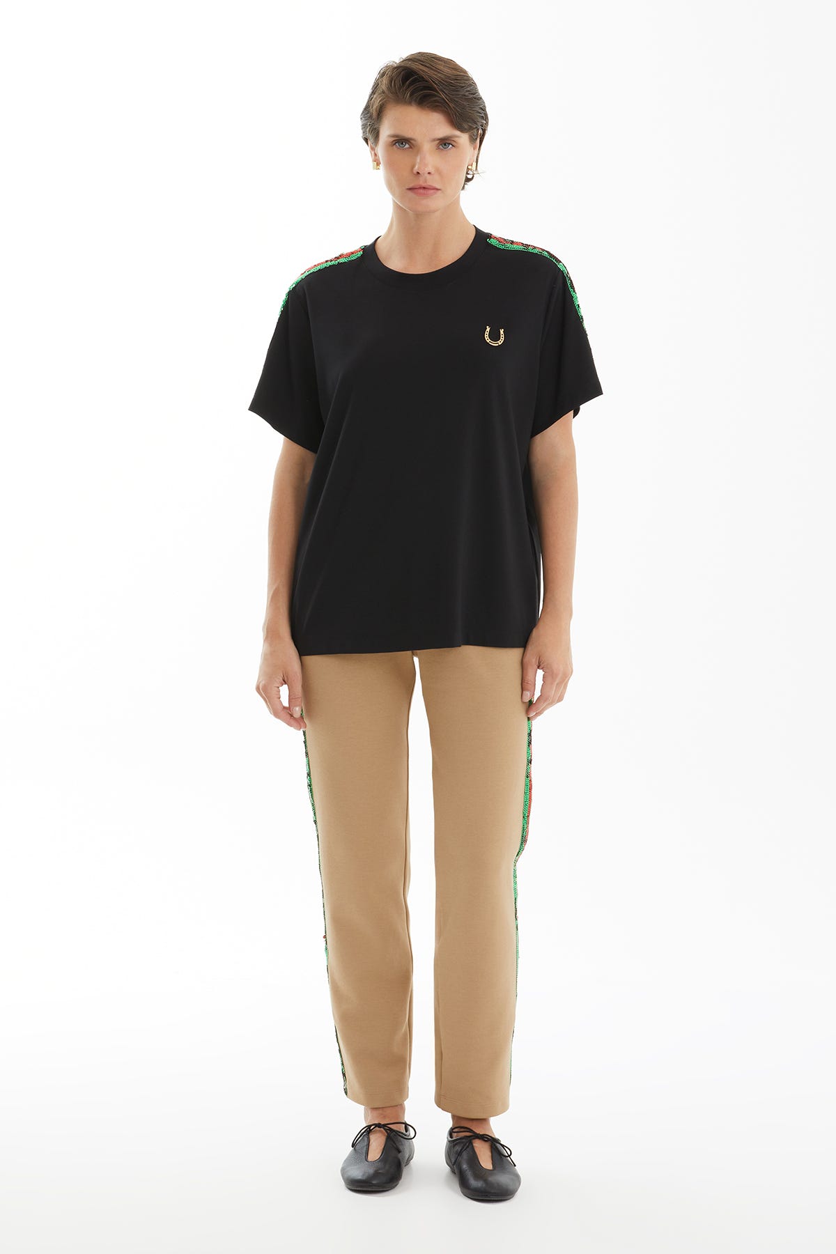 Şerit Detaylı Basic Siyah T-Shirt