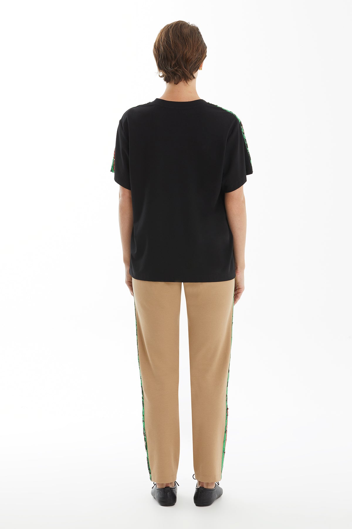 Şerit Detaylı Basic Siyah T-Shirt