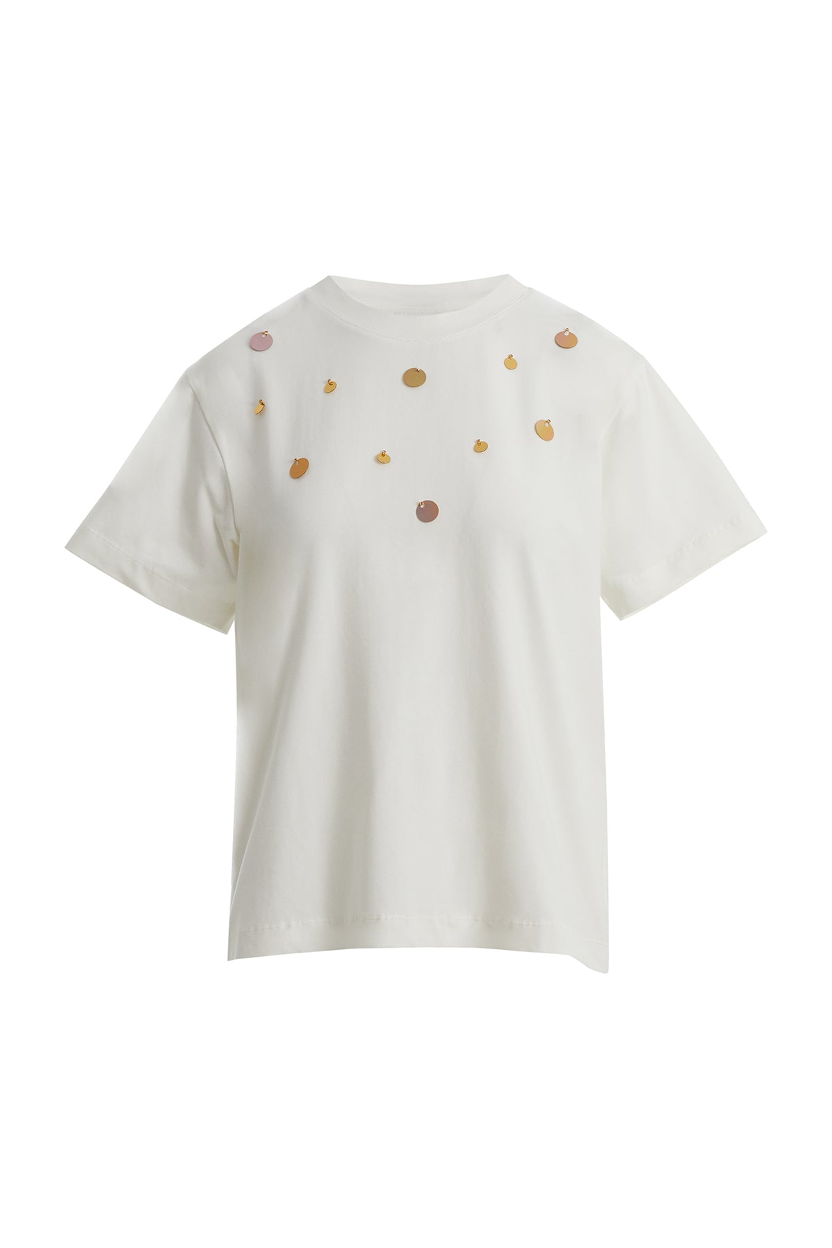 Kırmızı Payet Detaylı Ekru T-Shirt