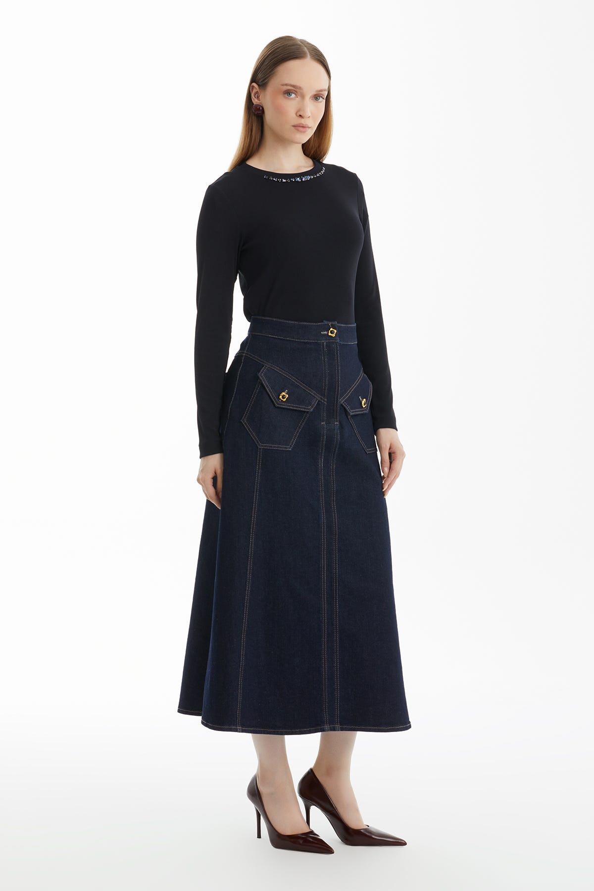 Cep Düğmeli A Form Lacivert Denim Etek