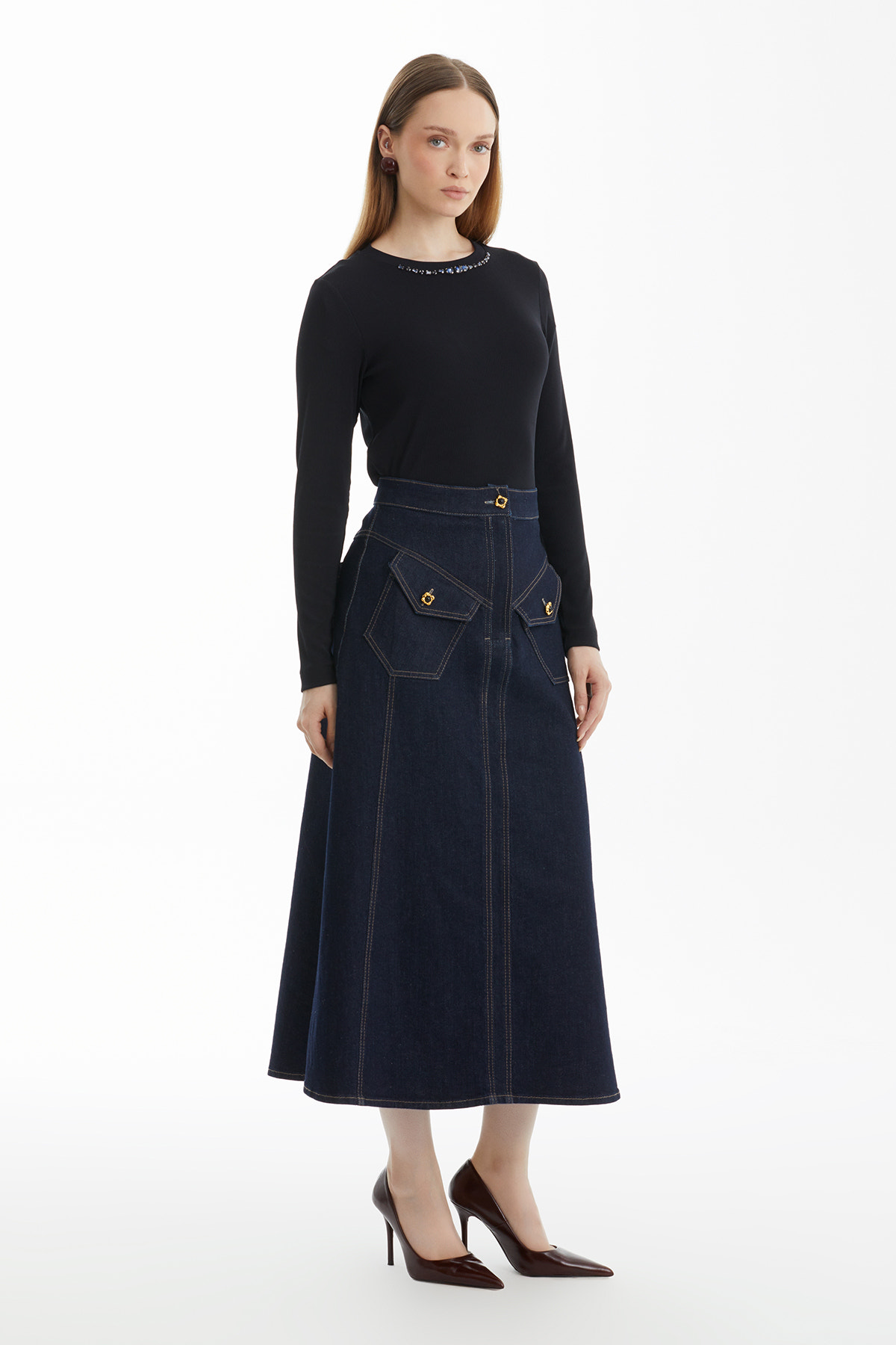 Cep Düğmeli A Form Lacivert Denim Etek