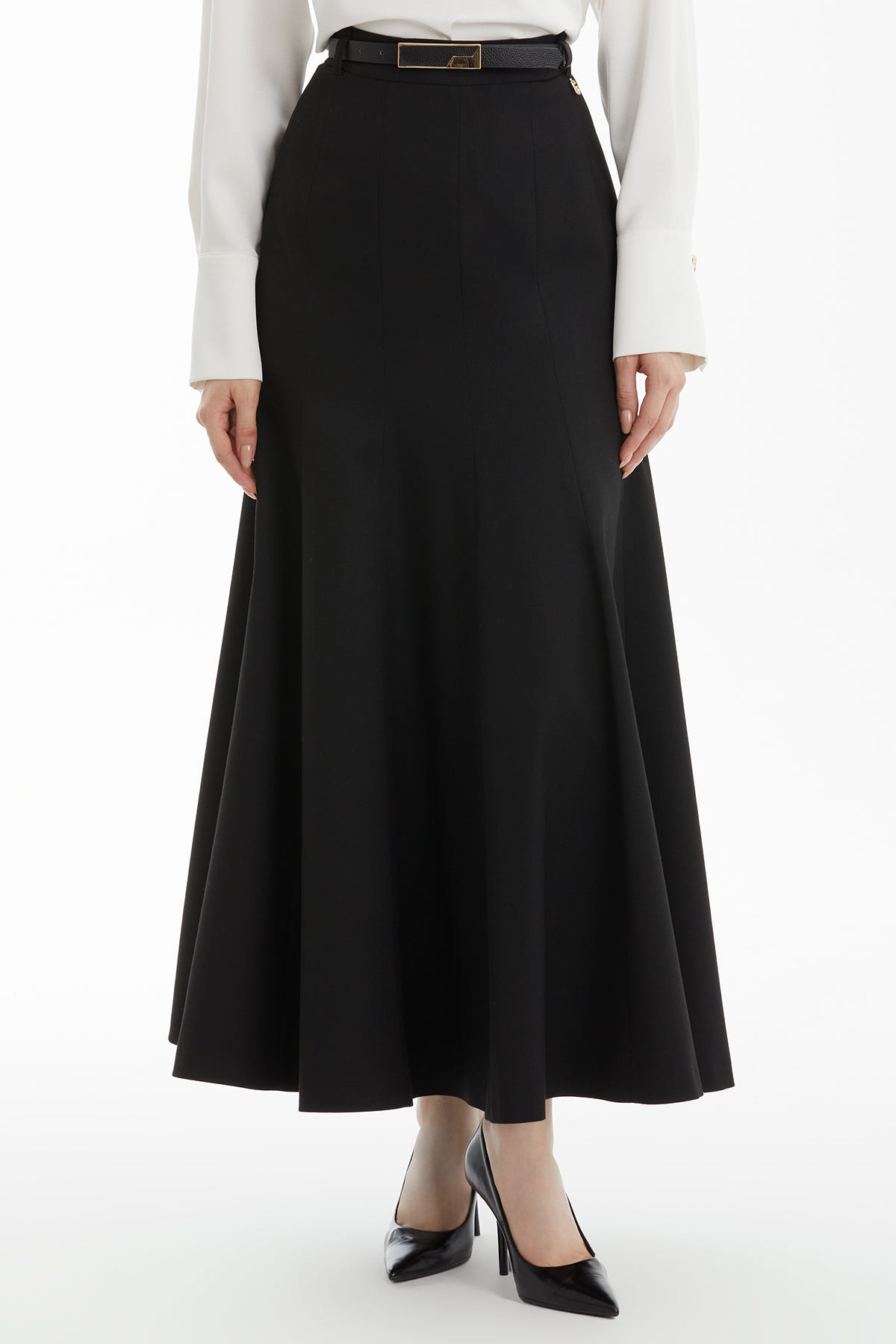 Godetli Midi Siyah Etek
