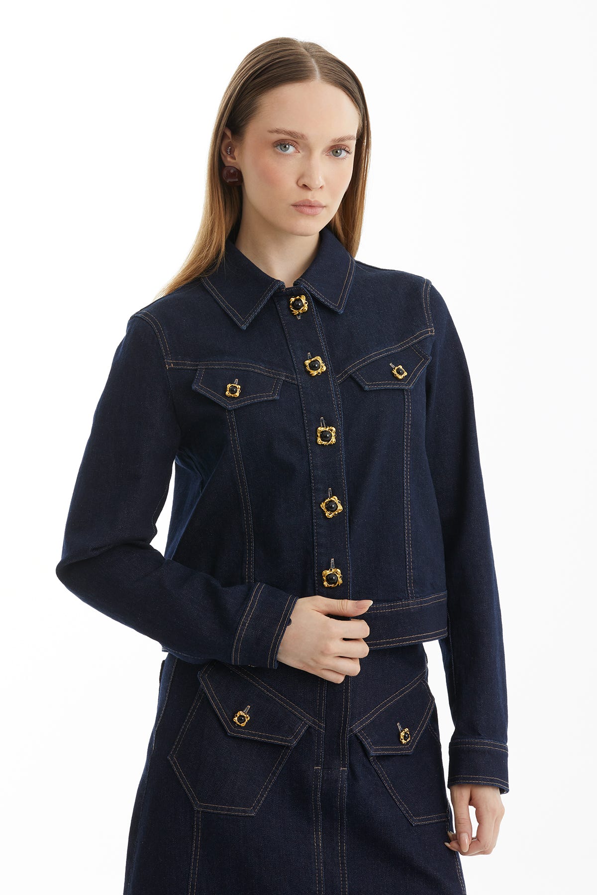 Düğme Detaylı Lacivert Denim Ceket