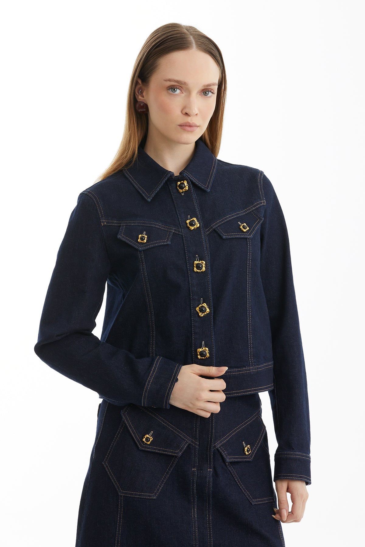 Düğme Detaylı Lacivert Denim Ceket