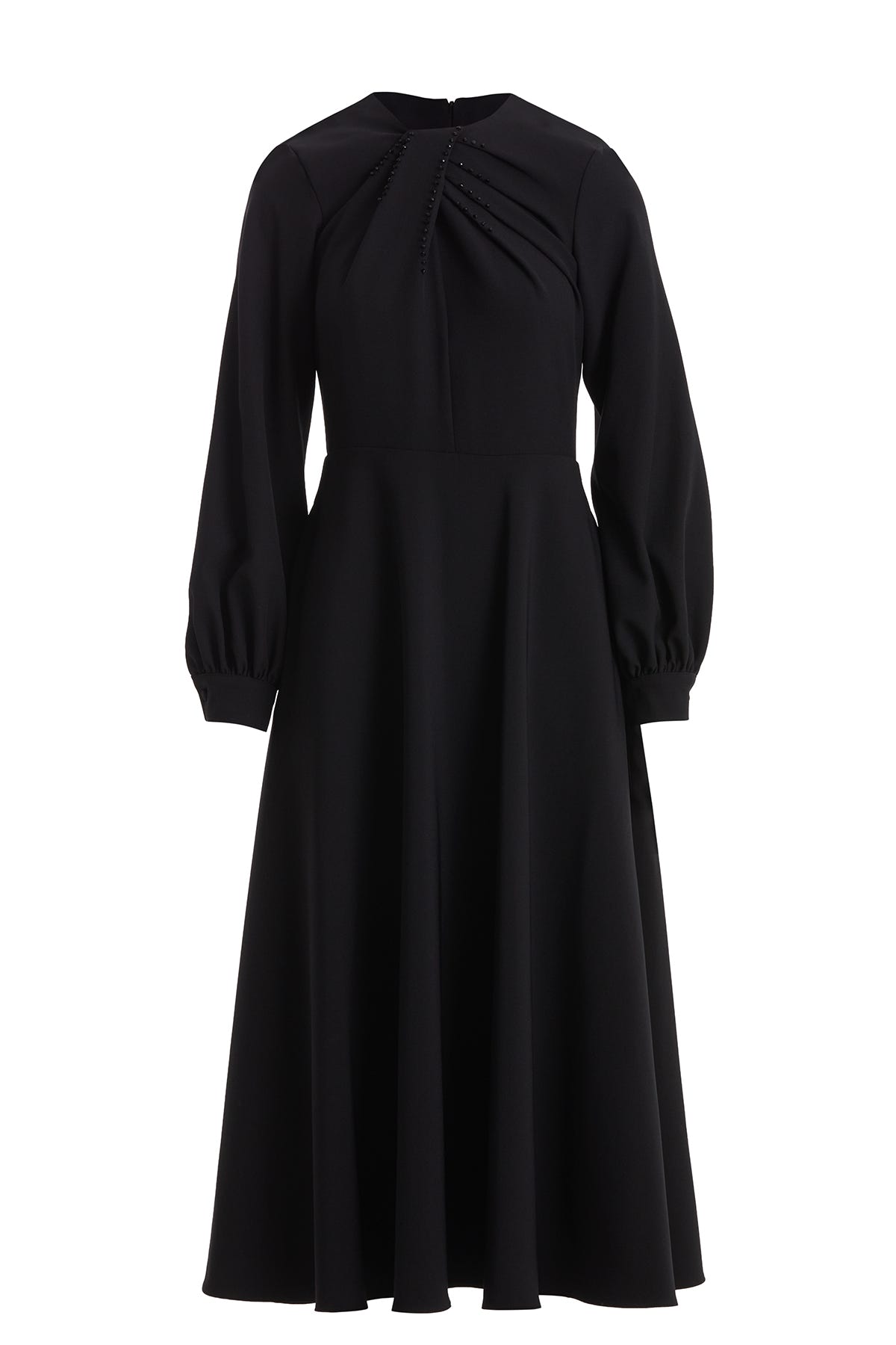 Yakası İşleme Detaylı Kemerli Midi Boy Siyah Elbise