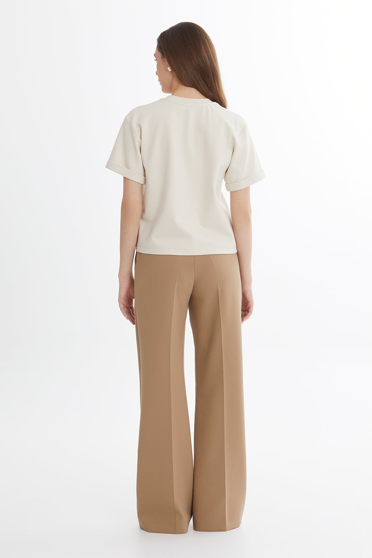 Oversize Taş İşlemeli Bej T-Shirt
