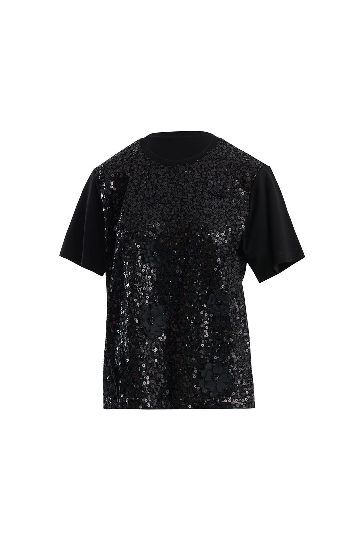 Çiçek Ve İşleme Detaylı Pullu Siyah T-Shirt