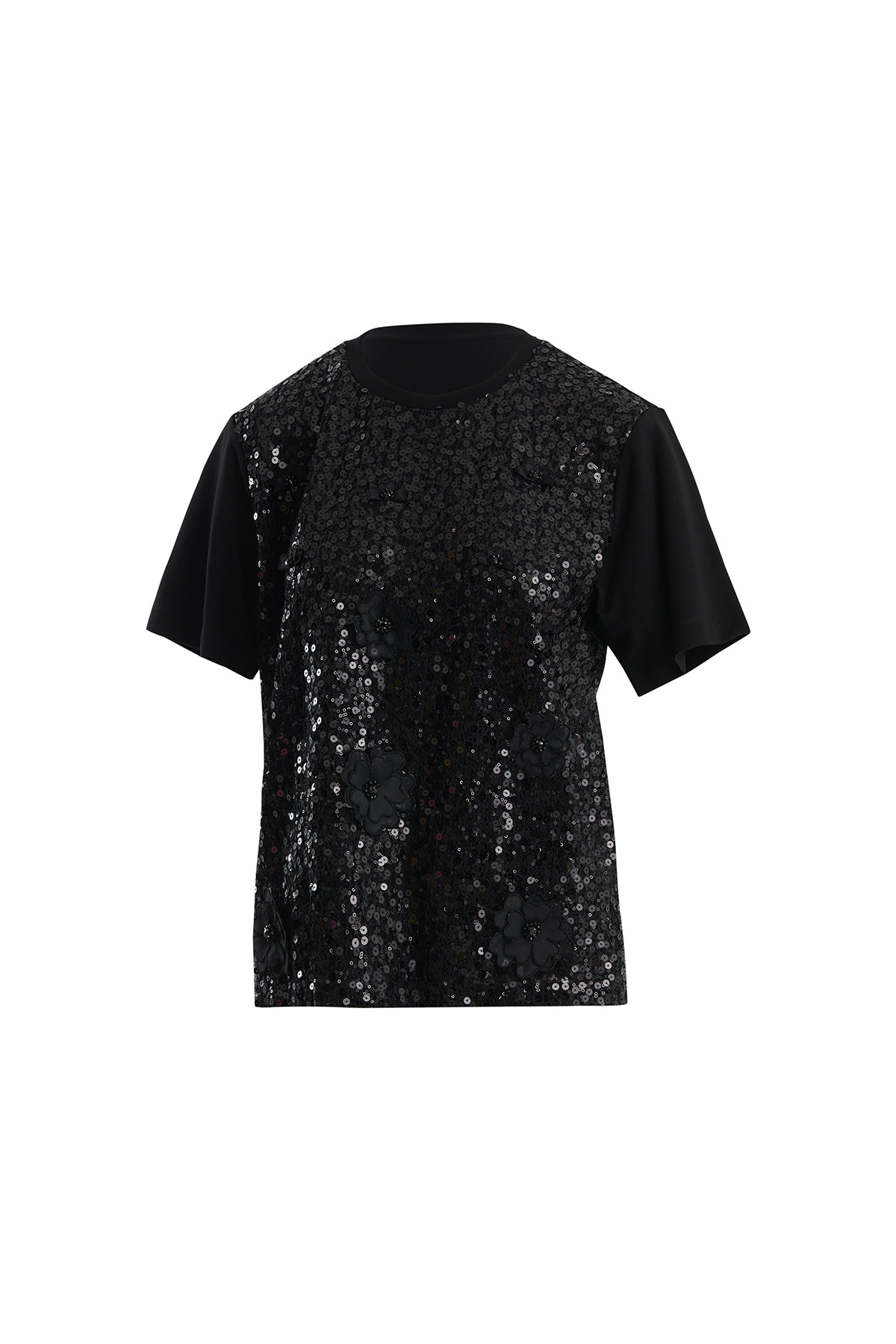 Çiçek Ve İşleme Detaylı Pullu Siyah T-Shirt