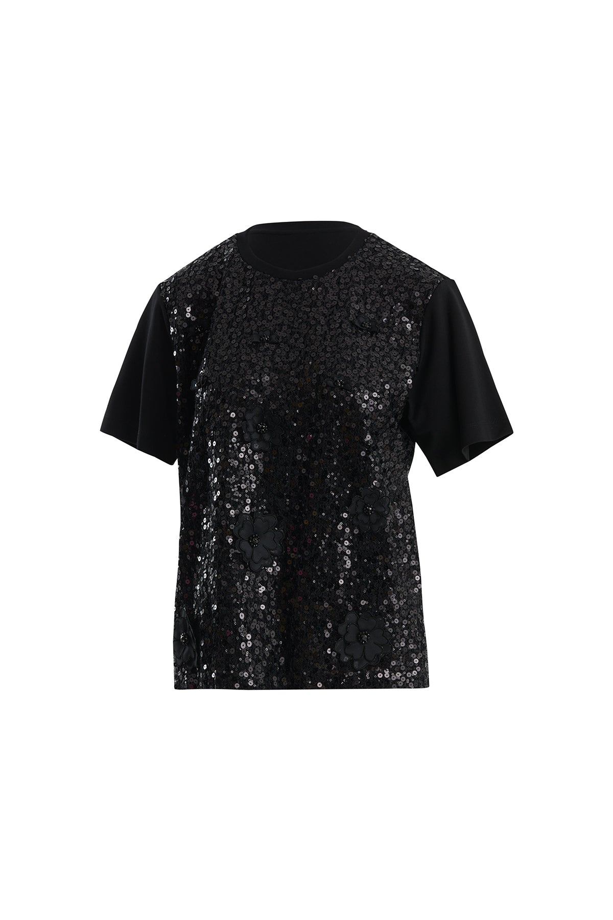 Çiçek Ve İşleme Detaylı Pullu Siyah T-Shirt