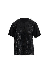 Çiçek Ve İşleme Detaylı Pullu Siyah T-Shirt