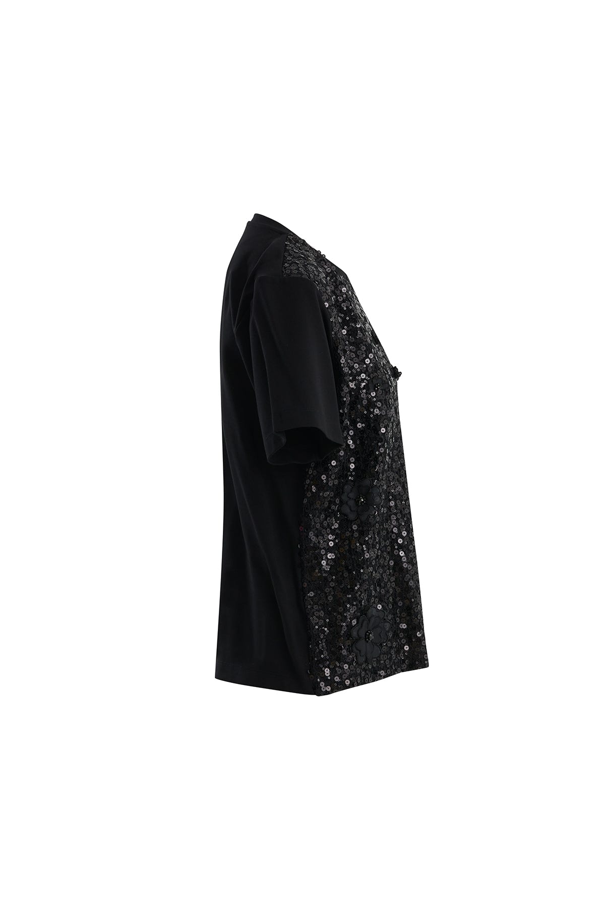 Çiçek Ve İşleme Detaylı Pullu Siyah T-Shirt