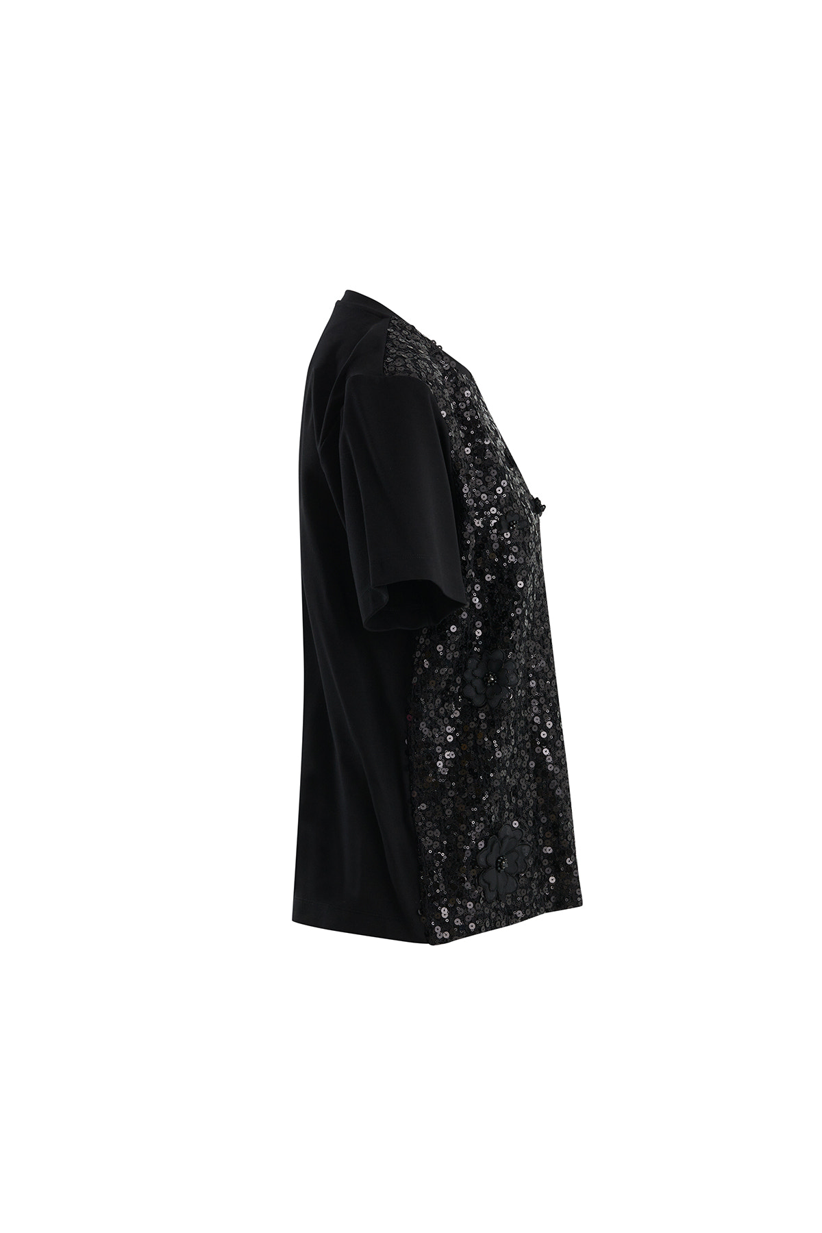 Çiçek Ve İşleme Detaylı Pullu Siyah T-Shirt