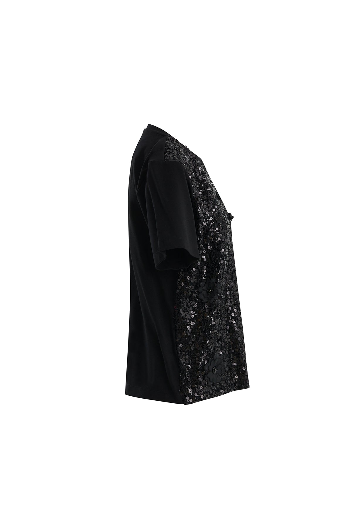 Çiçek Ve İşleme Detaylı Pullu Siyah T-Shirt