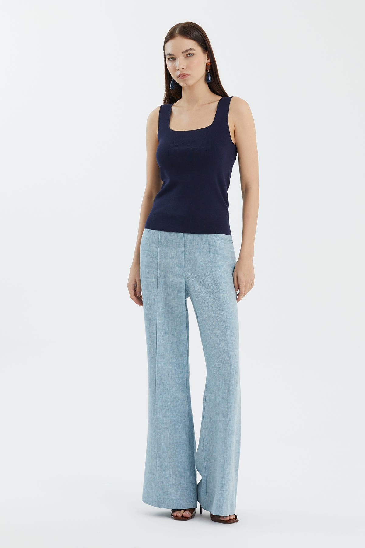 İpek Karışımlı Askılı Lacivert Triko
