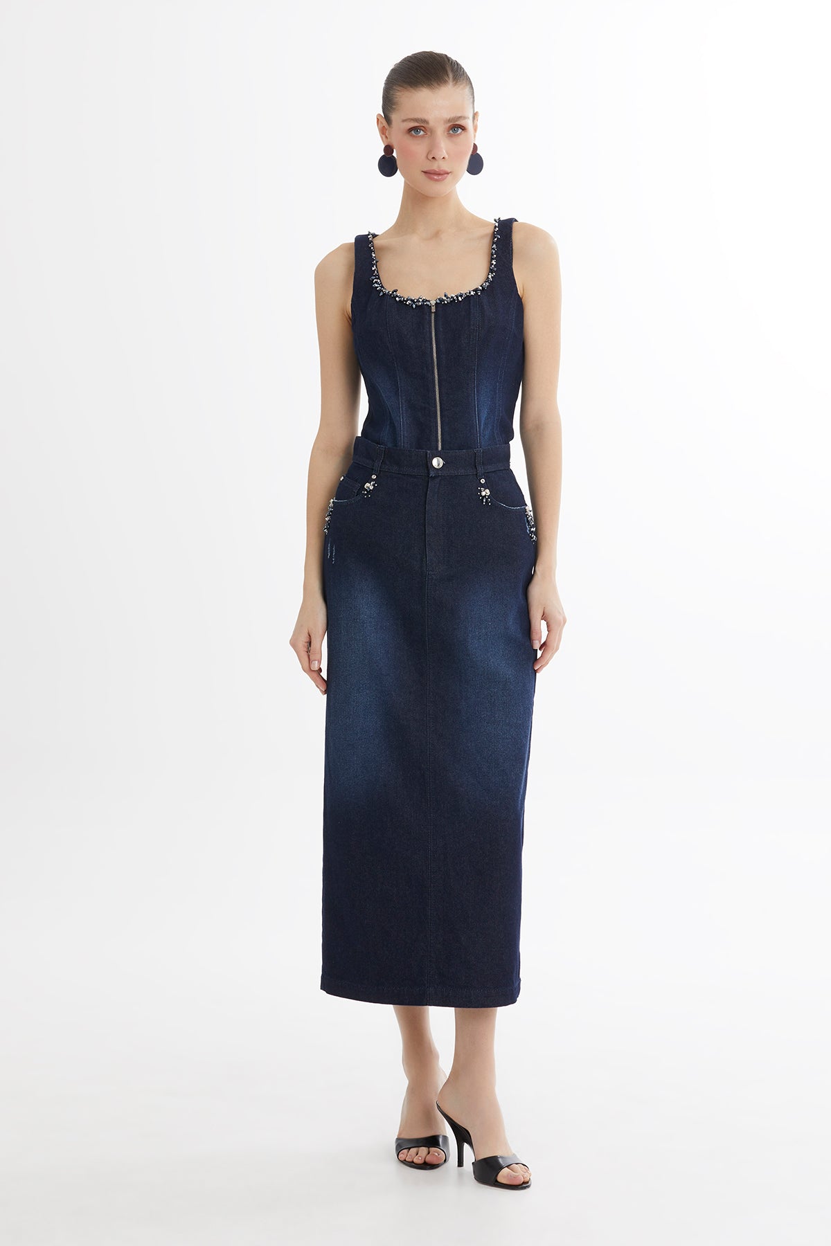 İşleme Detaylı Denim Kalem Etek
