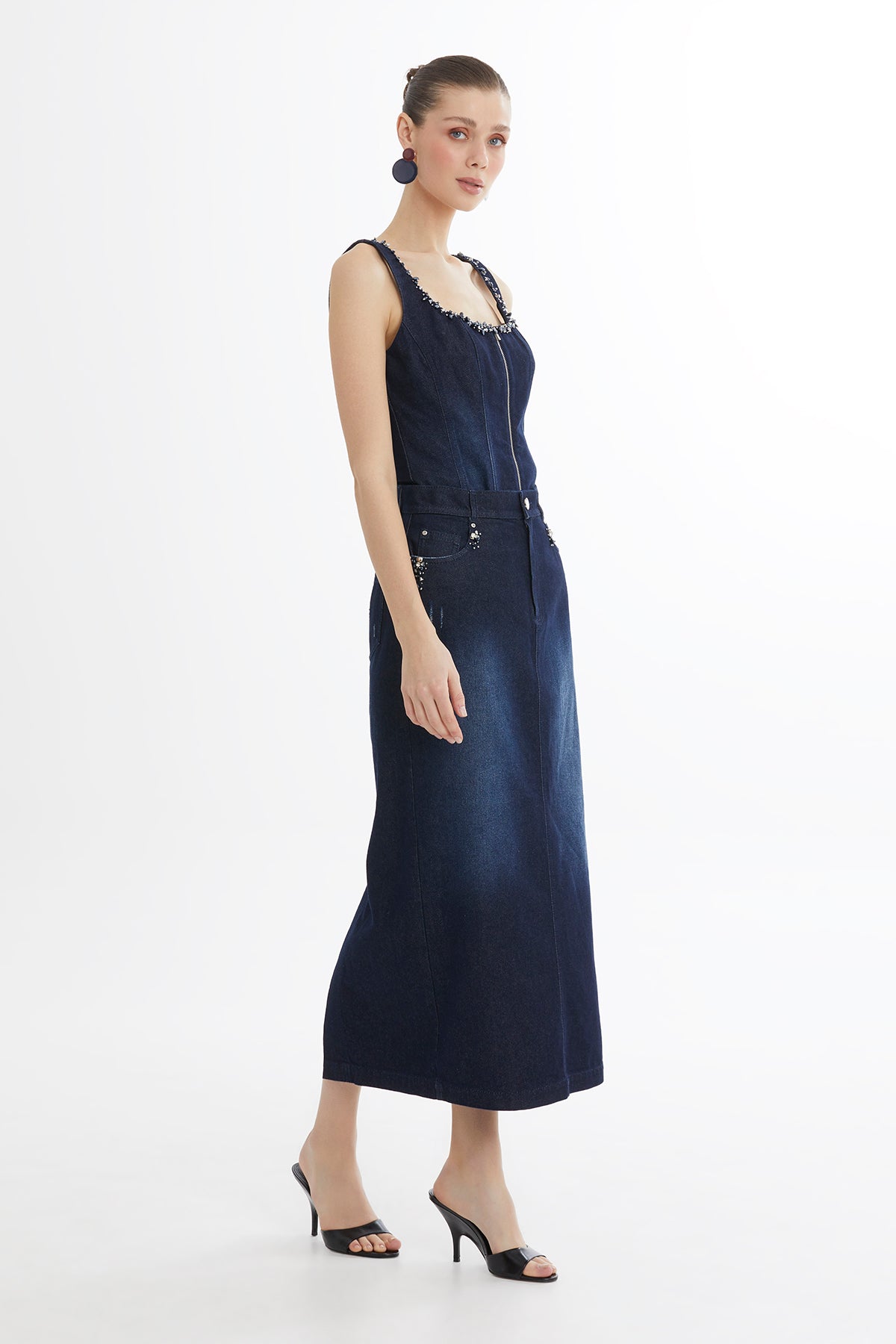 İşleme Detaylı Denim Kalem Etek
