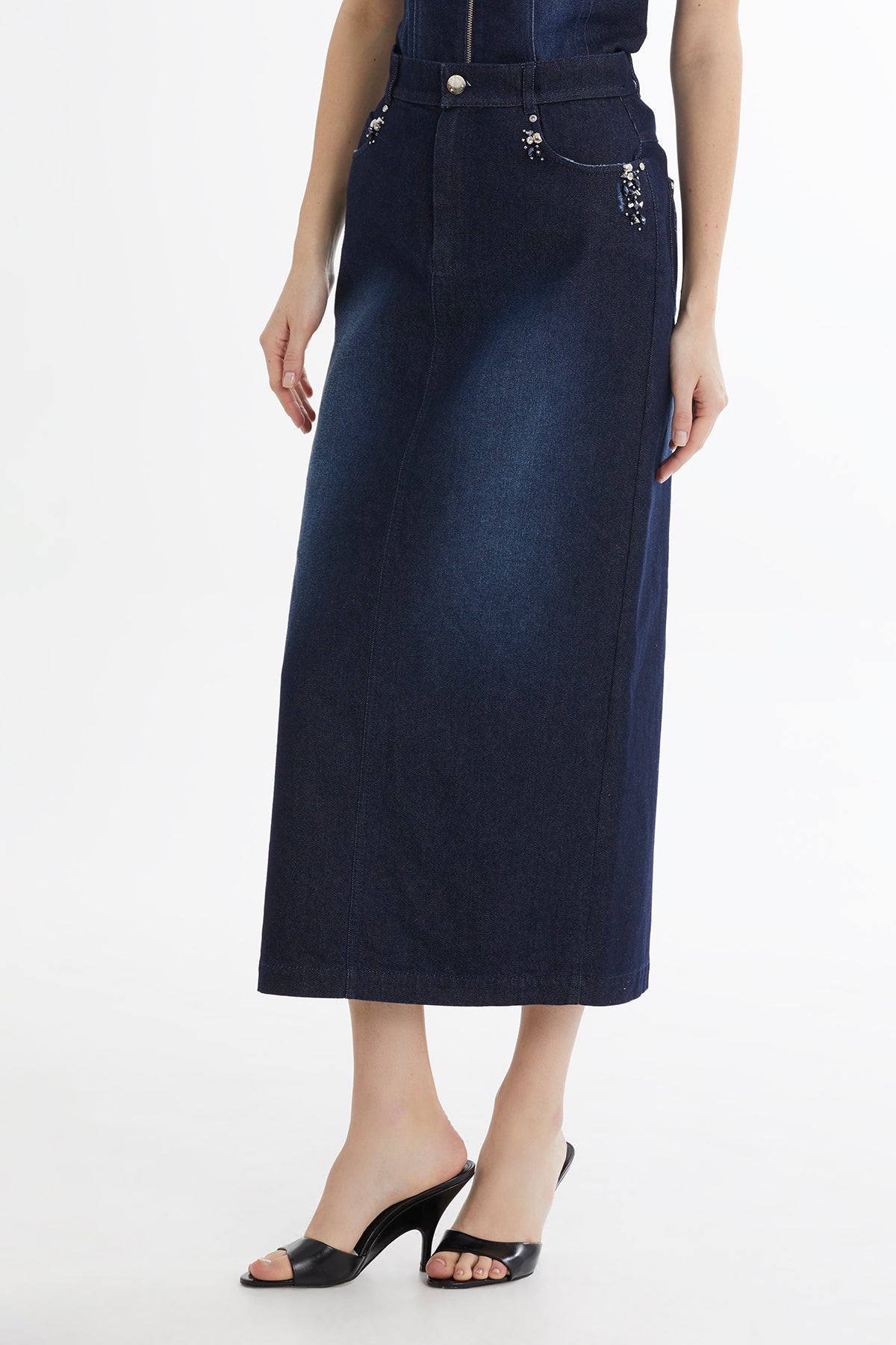 İşleme Detaylı Denim Kalem Etek