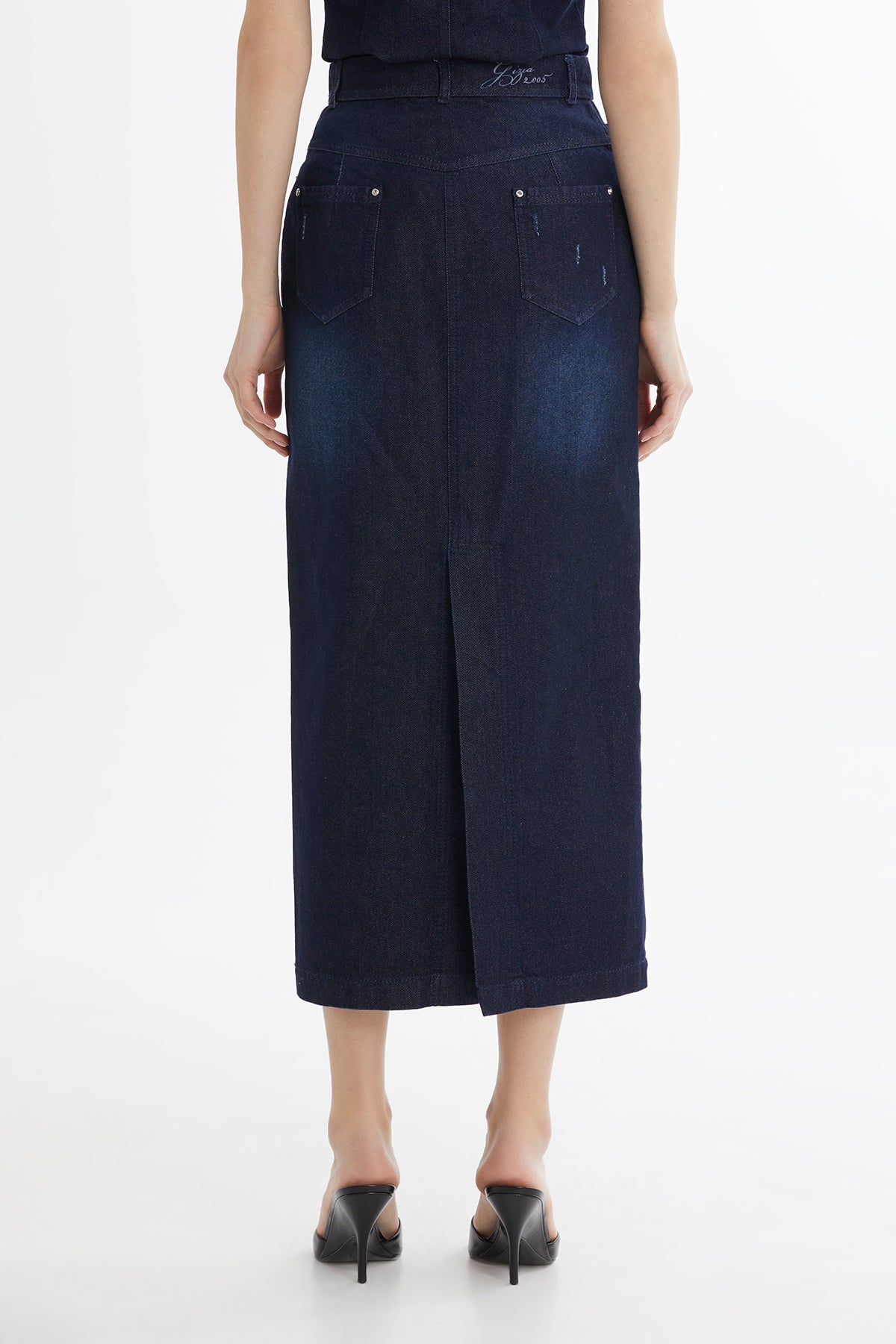 İşleme Detaylı Denim Kalem Etek