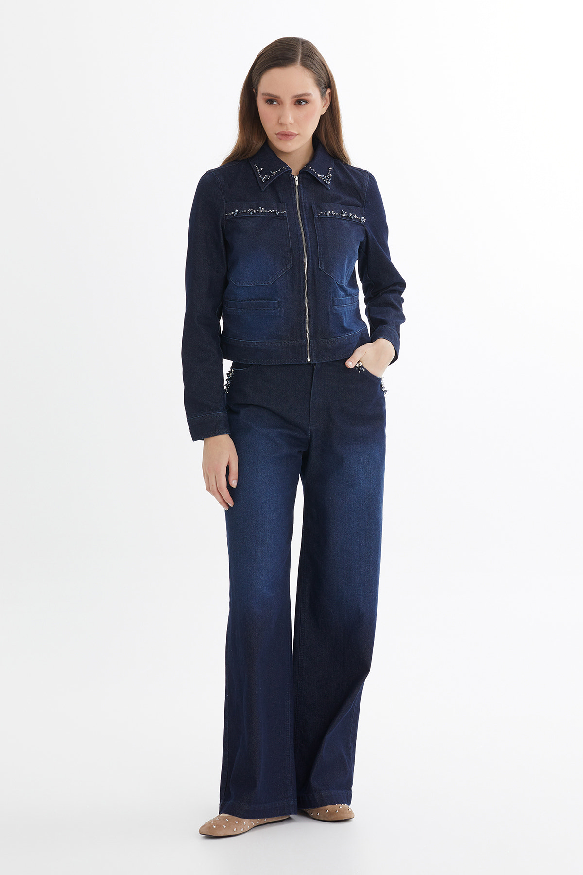 İşleme Detaylı Denim Ceket