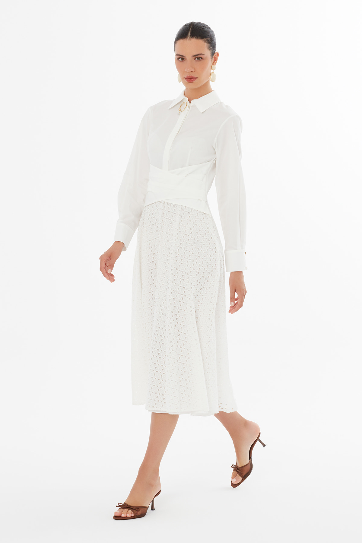 Gömlek Yaka Ekru Maxi Elbise