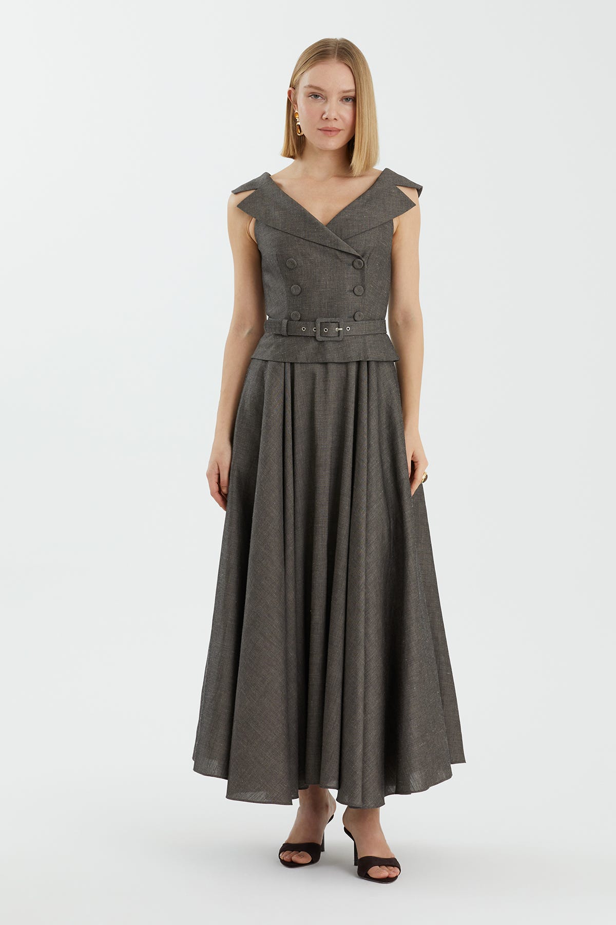Kemerli Pileli Maxi Gri Elbise